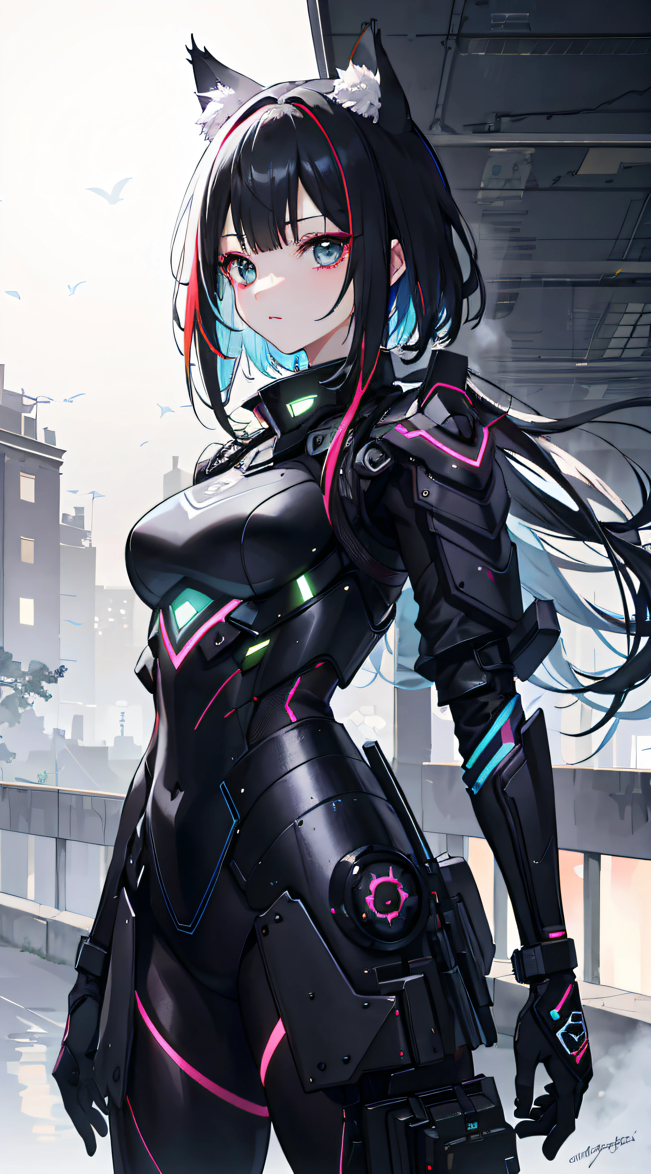 A highly detailed, hyper-realistic, 8k render of a dystopian cyberpunk city, neon lights, skyscrapers, flying cars, advanced technology, glowing holographic displays, a young woman with cybernetic implants, beautiful detailed eyes, beautiful detailed lips, extremely detailed face and skin, intricate cyborg body enhancements, a sense of motion and movement, dramatic lighting, cinematic composition, vibrant color palette, moody and atmospheric, chiaroscuro lighting, mechanical, industrial, futuristic, masterpiece