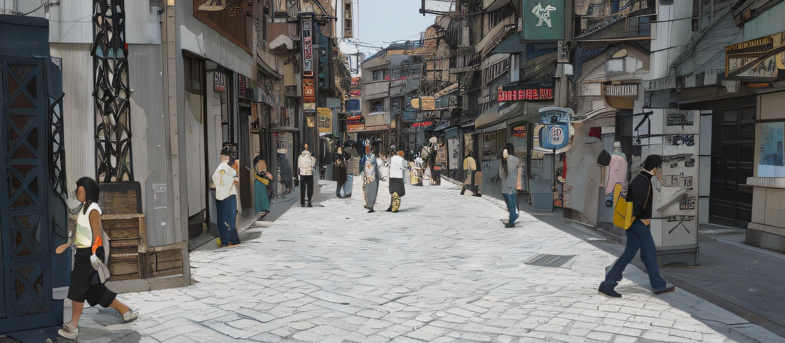 People walk the streets of a city with many shops, street japan, tokyo anime anime scene, gta chinatown art style, japanese downtown, Japan city, tokyo - esque town, anime style cityscape, detailed street, japanese town, photorealistic streetscape, 2 2nd century!!!!! town street, artwork of a hong kong street, Anime landscape concept art