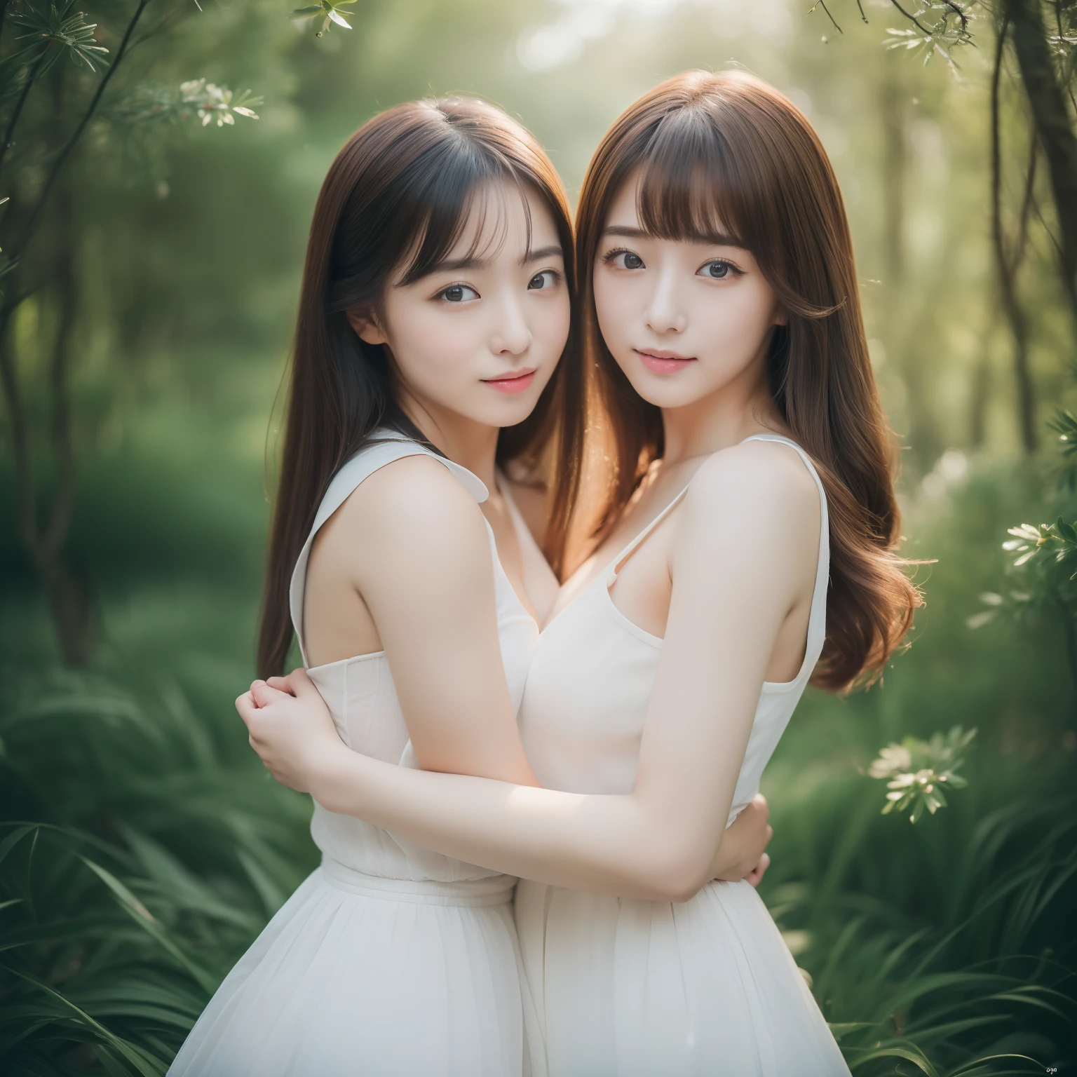、((top-quality、8K、masterpiece:1.3))、Raw photography、From woman to woman、embracing each other、hposing Gravure Idol、((top-quality、8K、masterpiece:1.3))、Raw photography