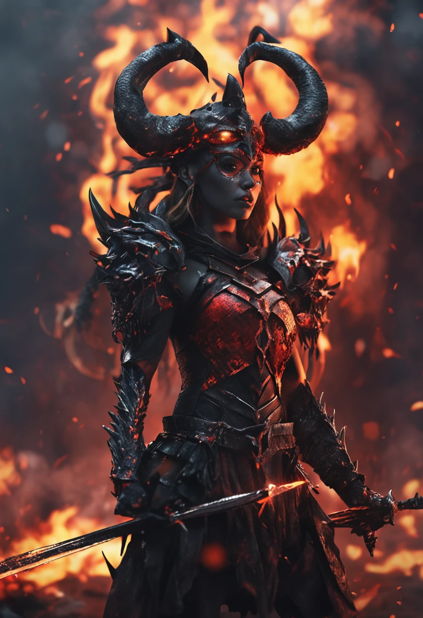 (low angle view:1.5), (full body:1.5),1 Female Demon Warrior, skull, black armor, (holding a flaming sword:1.4), Skeletal ram horns crown, Flame Shoes, Dynamic Digital Painting, (Bokeh:1.5),epic composition
