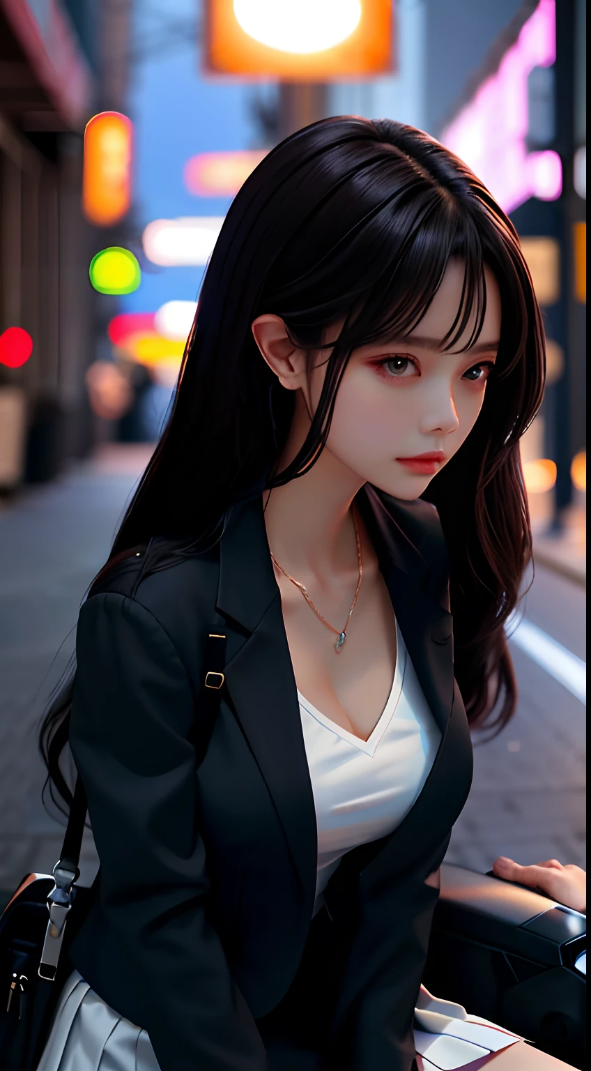 best qualtiy，tmasterpiece，1girll，beauitful face，（photograph realistic:1.3），edge lit，（highdetailskin:1.2），8k ultra high definition，digital SLR camera，high high quality，A high resolution，4k，8k，bokeh，absurderes，Optimal proportions of four fingers and one thumb，（realisticlying:1.3），Lovely 1girl，Wearing a black formal blazer，mediuml breasts，short  skirt。