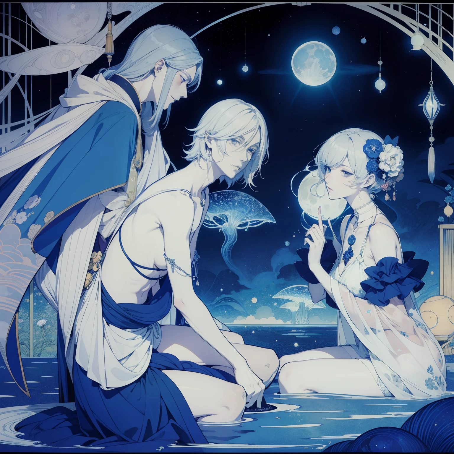 Ukiyo-e style Margaret Tarrant, Harry Clarke, Albert Robida animesque Keeping comets jellyfish Moon and Sun Model Outer Space Tank