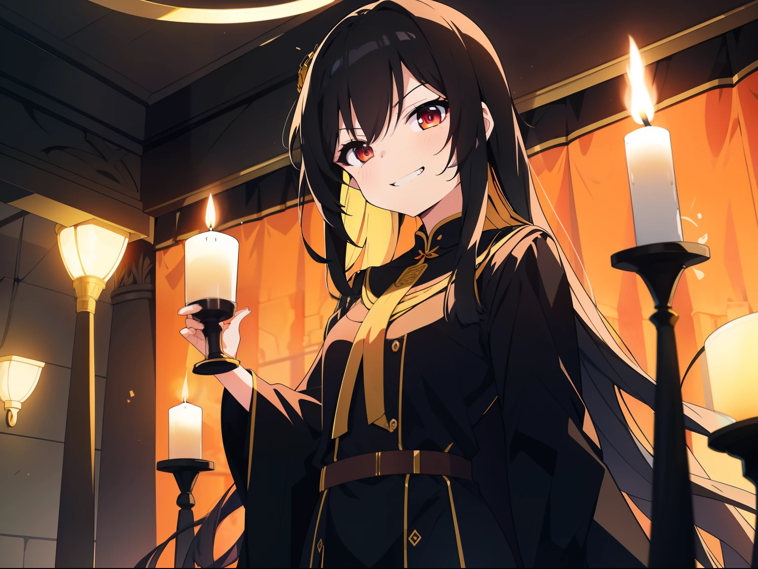 bright look,The smile is bright,Long black hair shawl。She loves to tease,And with a smug look,Wronged。Dressed in brightly colored court costumes。Background with:Inside the magnificent palace,Candles flicker,The atmosphere seemed warm and oppressive。