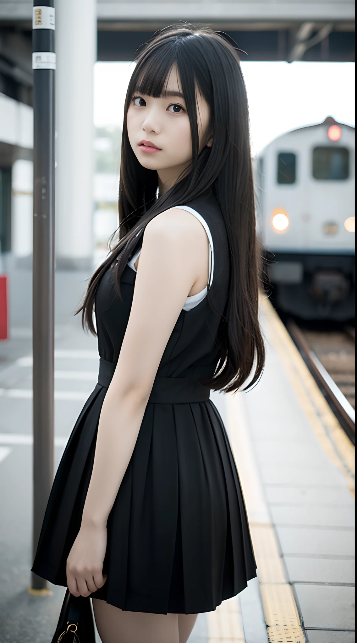 (masutepiece:1.2), Best Quality, 8K, Film grain, Raw photo, superfine illustration
, (monochromatic red:1.4)
, 1girl in, , Black hair, Long hair, hair messy, Narrow-eyes, deadpan
, School uniform
, Standing, Looking at Viewer
, (Station platform:1.1), Train,Two rails run parallel to each other
, Sunrise, Wind, Sunlight, spark of light
, from behind, focus on girl, SIGMA 85 mm F/1.4, Award-winning, (denoise:1.0)
, Golden spiral composition