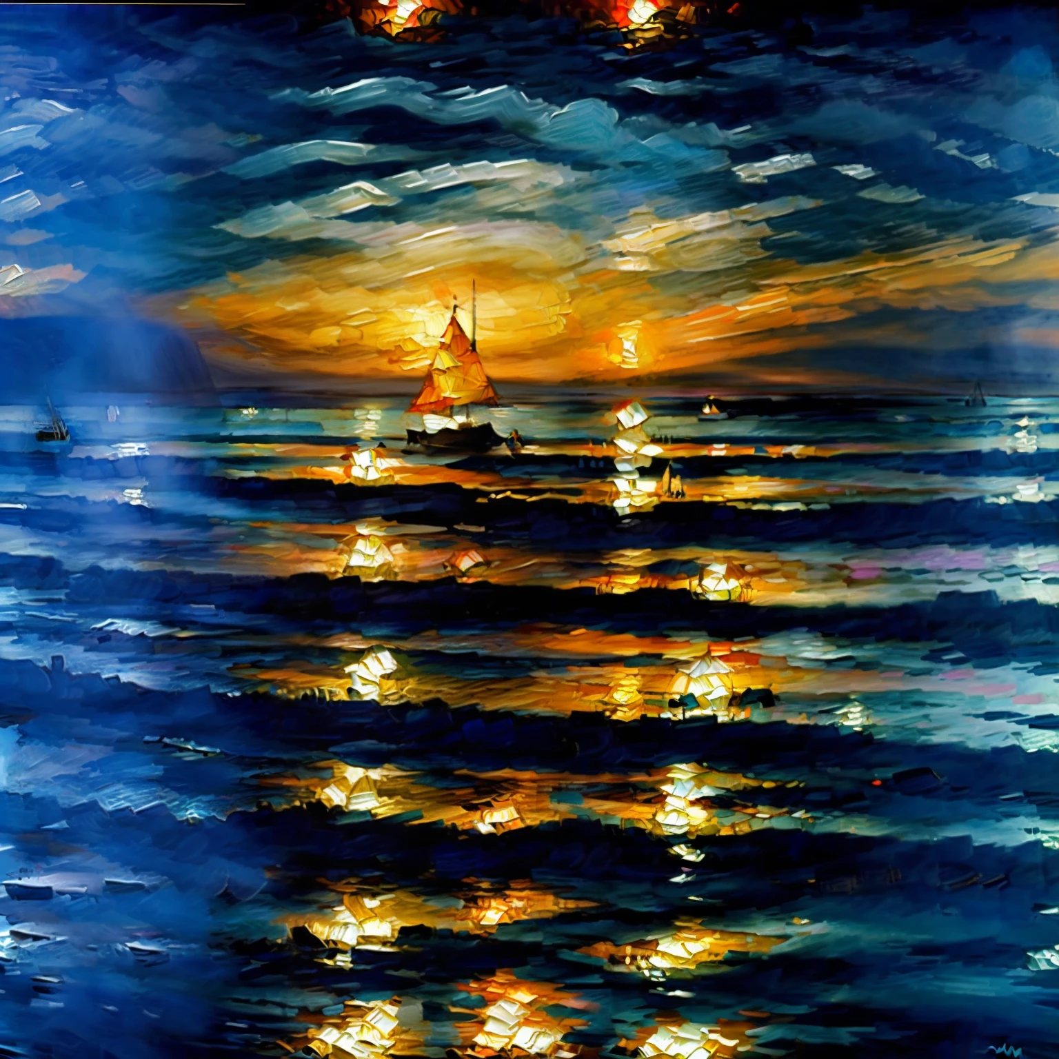 (a small yacht:1.2) sailing on the ocean (in a storm:1.2) at night, silhouetted against the moon, (the moonlight:1.1) illuminates the roiling waves. oil painting, (JMW Turner:1.1). White, ((silver)) , big waves, seafoam,