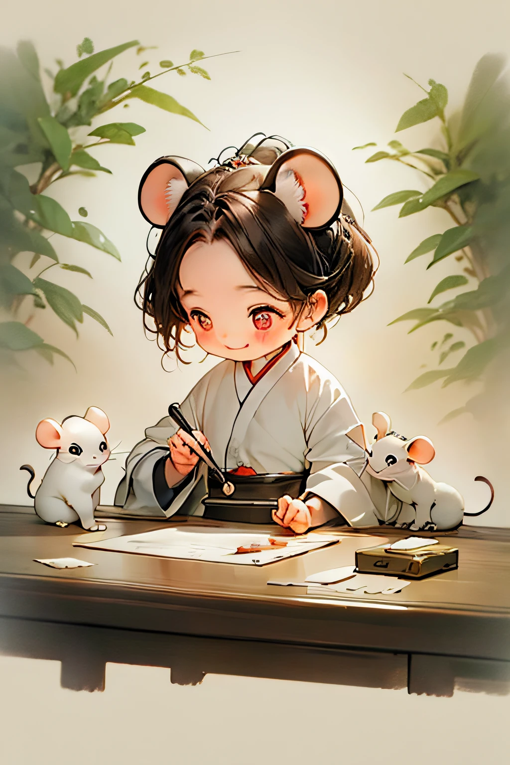 a cute mouse，chineseZodiac，Smiling，The eyelashes are very long，art-deco, High detail, concept-art, romanticism lain, Ghibli style colors, Animation style，Close-up, macro photograph, 8K, Super detail, Precise, Best quality, Super HD, Masterpiece, Super detail