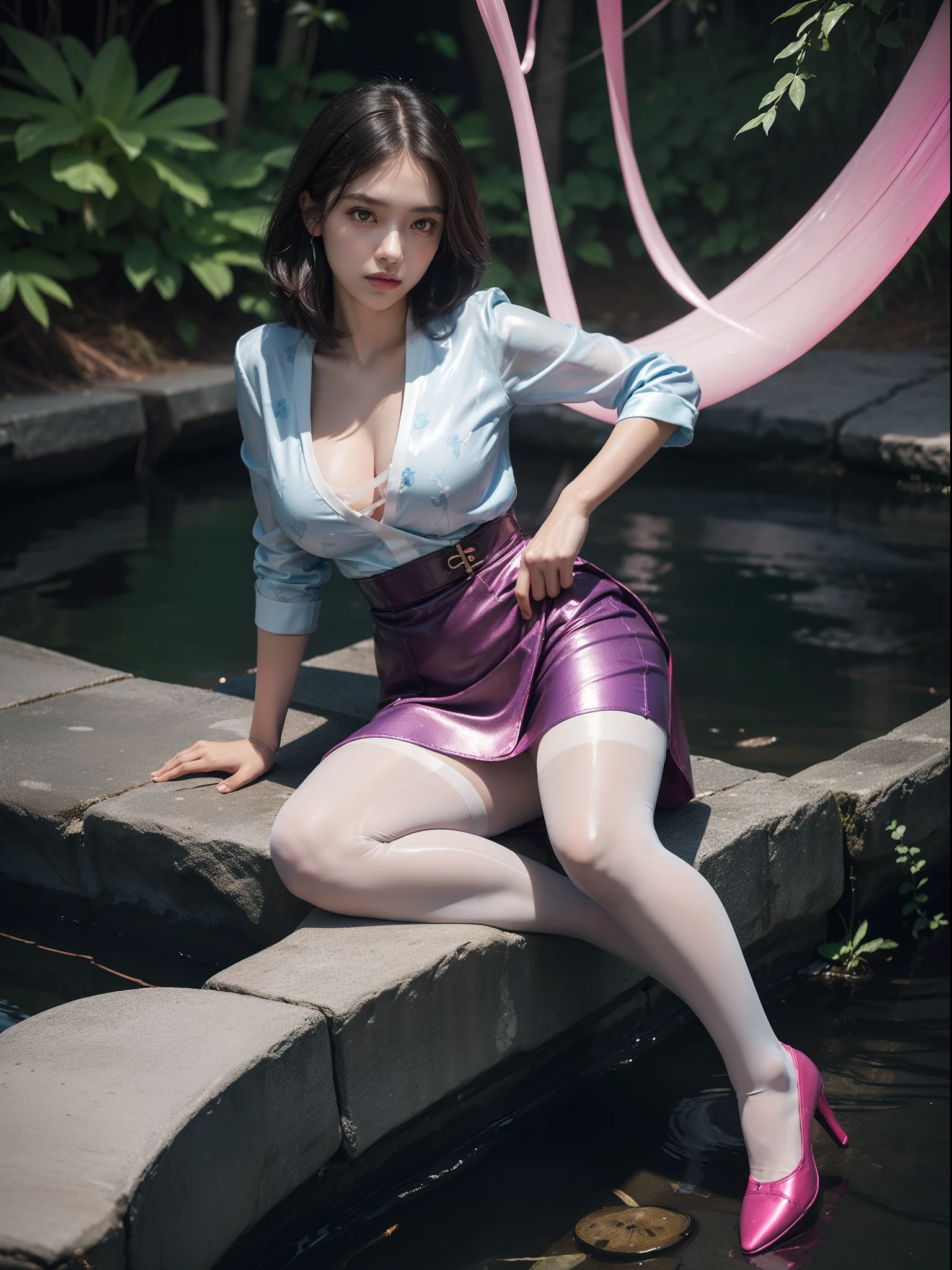 (full body:2),(1girl:1.3),(view the viewer:1.4),(anatomy correct:1.9),(Sitting by the creek,:1.35),(Polished Satin finish pantyhose:1.4),(A mature and sensual woman Wear printed fantasy doctor SET and polished Uniform women's leather shoes :1.35),(A woman with large buttocks, breasts, and a slender waist:1.4), (Light particle effect:1.3),(In pink | amarelo | blue colors| green color |red color | white colors| black in color| purplish color| greys| Beige| Flesh color 1.4),(Glowing eyes:1.3),(Large amplitude action: 1.3),(Accurate and perfect face:1.4),hyper HD, Ray traching, reflective light,structurally correct, Award-Awarded, high detail, lighten shade contrast, Face lighting ,cinmatic lighting, masterpiece, super detailing, high quality, high detail, best quality, 16k,High contrast,