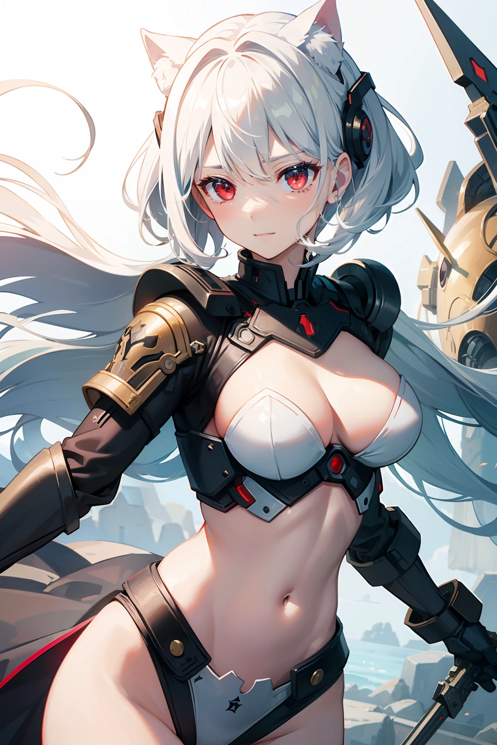 masterpiece、top-quality、1girl in。(battle suits:1.2), white hair,Red Eyes,(mare:0.8), (Fantastical:0.7),(middlebreasts:1.4), (A smile:0.8)