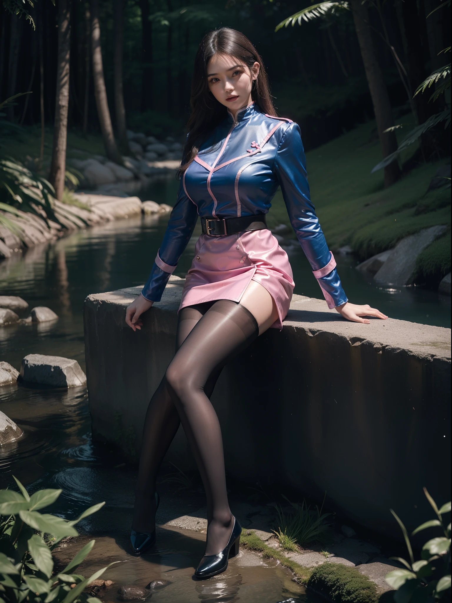 (full body:2),(1girl:1.3),(view the viewer:1.4),(??????? correct:1.9),(Sitting by the creek,:1.35),(Polished Satin finish pantyhose:1.4),(A mature and sensual woman Wear printed fantasy doctor SET and polished Uniform women's leather shoes :1.35),(A woman with large buttocks, breasts, and a slender waist:1.4), (Light particle effect:1.3),(In pink | amarelo | blue colors| green color |red color | white colors| black in color| purplish color| greys| Beige| Flesh color 1.4),(Glowing eyes:1.3),(Large amplitude action: 1.3),(Accurate and perfect face:1.4),hyper HD, Ray traching, reflective light,structurally correct, Award-Awarded, high detail, lighten shade contrast, Face lighting ,cinmatic lighting, masterpiece, super detailing, high quality, high detail, best quality, 16k,High contrast,