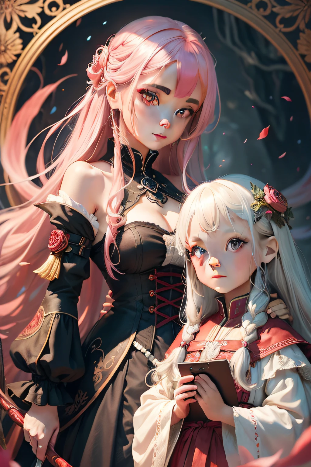 twogirls、A girl with long pink hair、A girl with short white hair、A high resolution,ultra - detailed,offcial art,Beauty and aesthetics,tmasterpiece,best qualtiy,The is very detailed,Variegated,Most details、Shining eyes、Detailed eyes、face perfect、mistic、Red blush realistic、Masterpiece quality、best qualtiy、offcial art、Very detailed fractal art、Colorful abstract background、Kizi、Kamimei、The color hair、luminous red eyes、Mysterious magic、Girl of Ice and Fire,Red and white color scheme,cinematric light