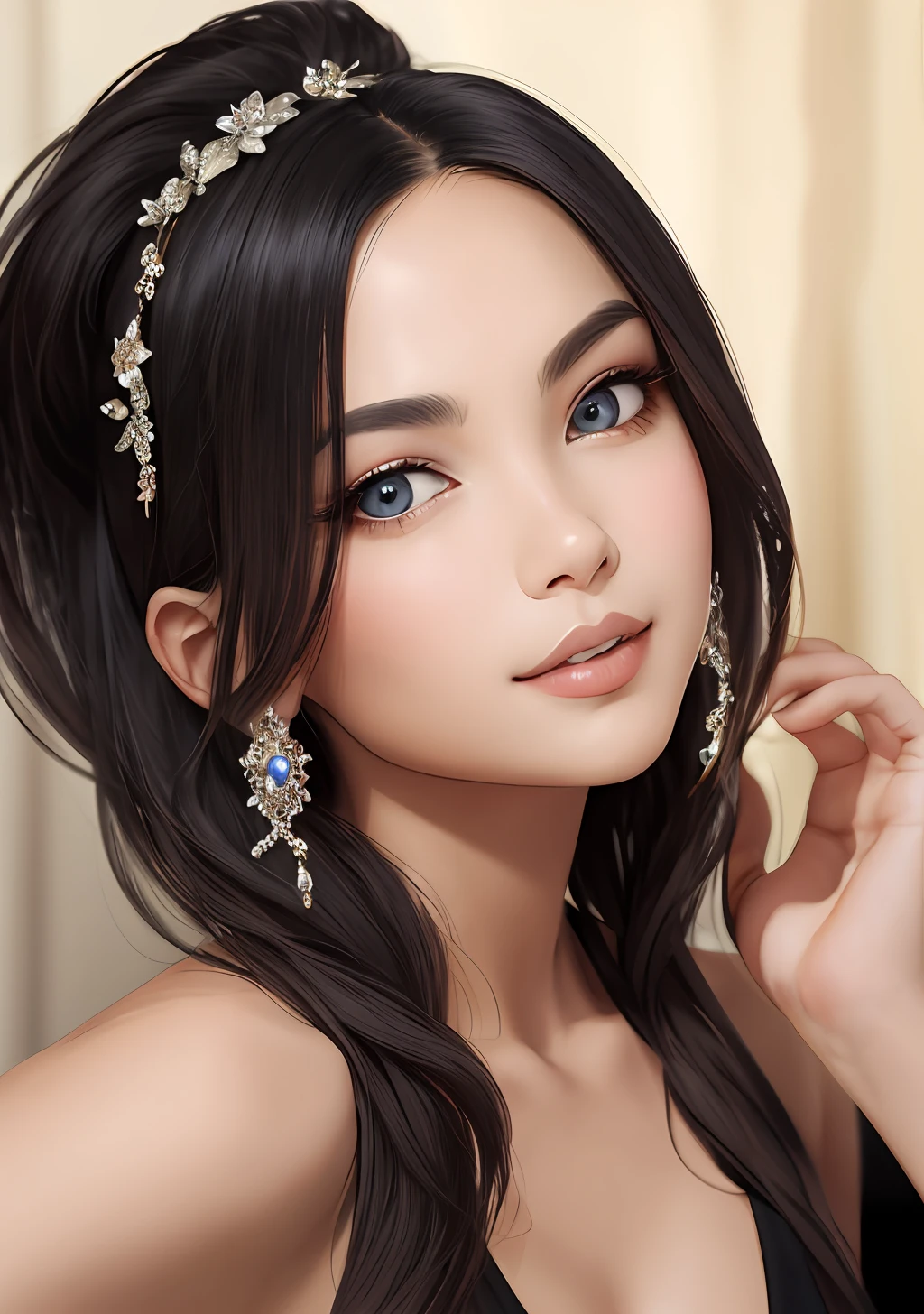 (best quality, ultra-detailed, realistic:1.37), vibrant, stunningly detailed eyes, elegant detailed lips, long eyelashes, intricate Pedantic Outfit, flowing dress, elaborate embroidery, vibrant colors, exquisite lacework, delicate accessories, bejeweled hairpiece, graceful pose, luxurious fabric, professional studio lighting, portrait, high-res, painterly, soft pastel hues, gentle lighting