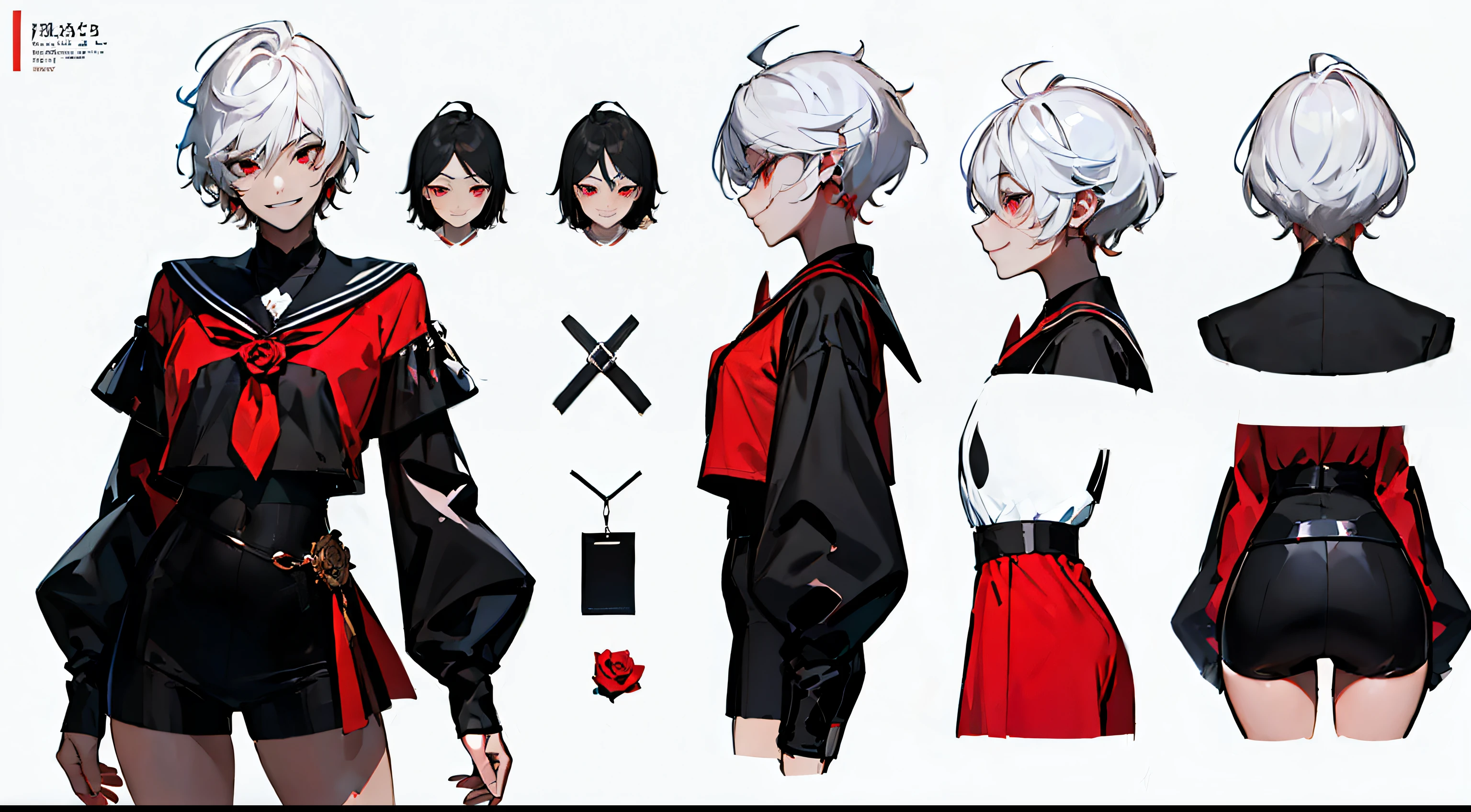 ((masterpiece)),(((best quality))),(character design sheet,same character,front,side,back), Reference sheet of a cute boy, short white hair, red eyes, smiling, black sailor outfit with short shorts, red rose as accessory, detailed face, detailed hair, (simple background, white background: 1.3)