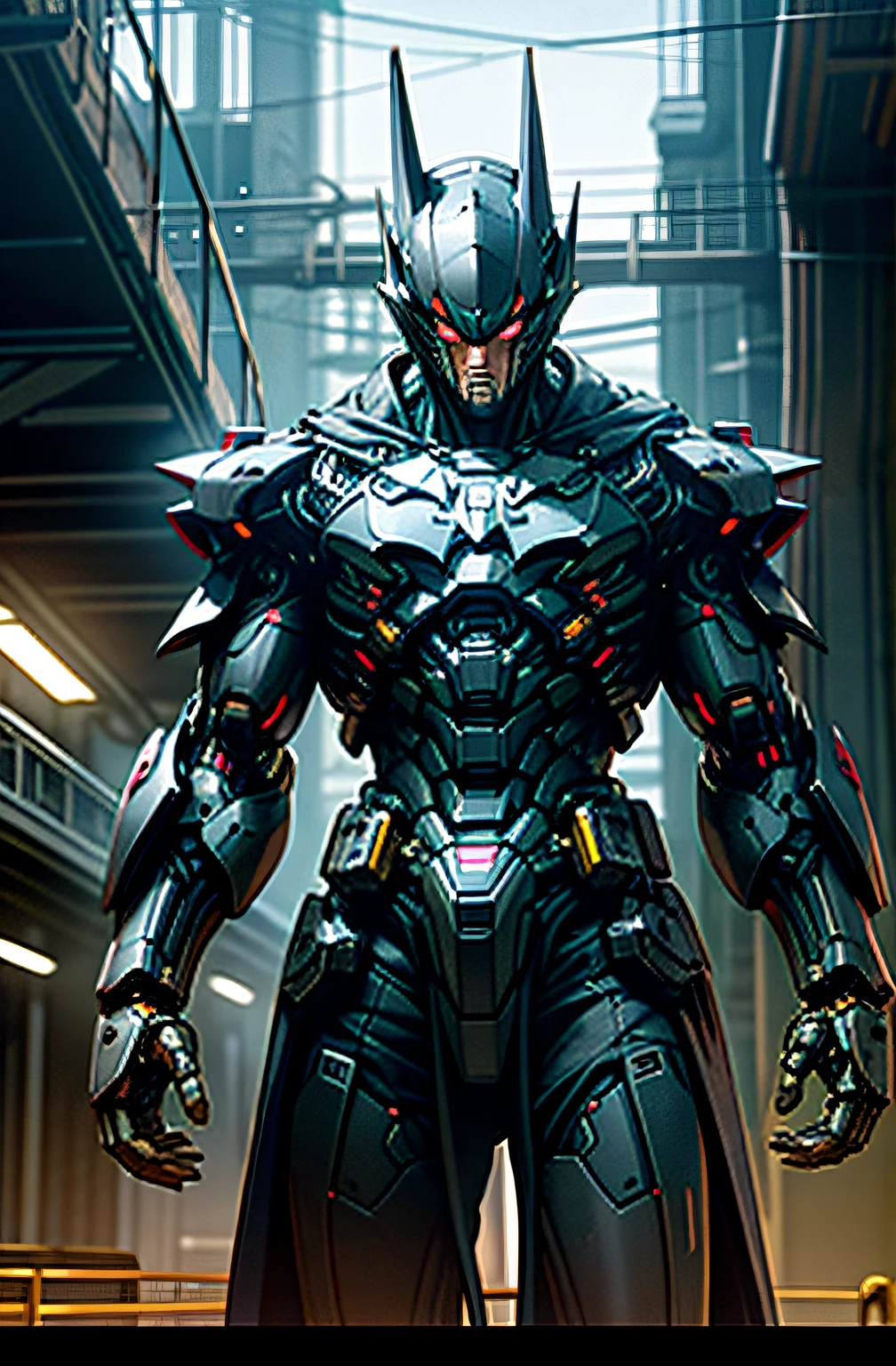 Dark_Fantasy,Cyberpunk,1man,Mechanical marvel,Robotic presence,Cybernetic guardian,batman