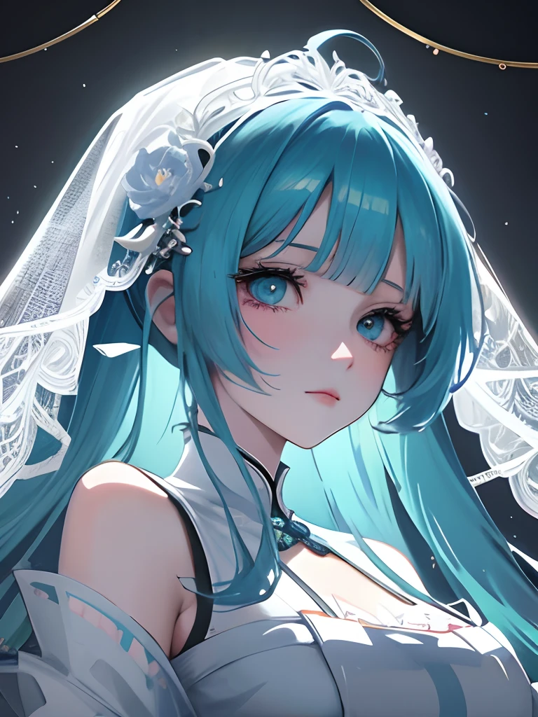 Anime girl with blue hair and white dress,, anime goddess, Detailed Digital Anime Art, Beautiful anime girl, beautiful anime woman, beautiful alluring anime woman, anime style 4 k, Anime girl with teal hair,With a white veil,Chinese-style clothing,White flared skirt,Lolita,ssmile,((A detailed face)),ornate,Bewitching,GenshinImpact,brightly lit room