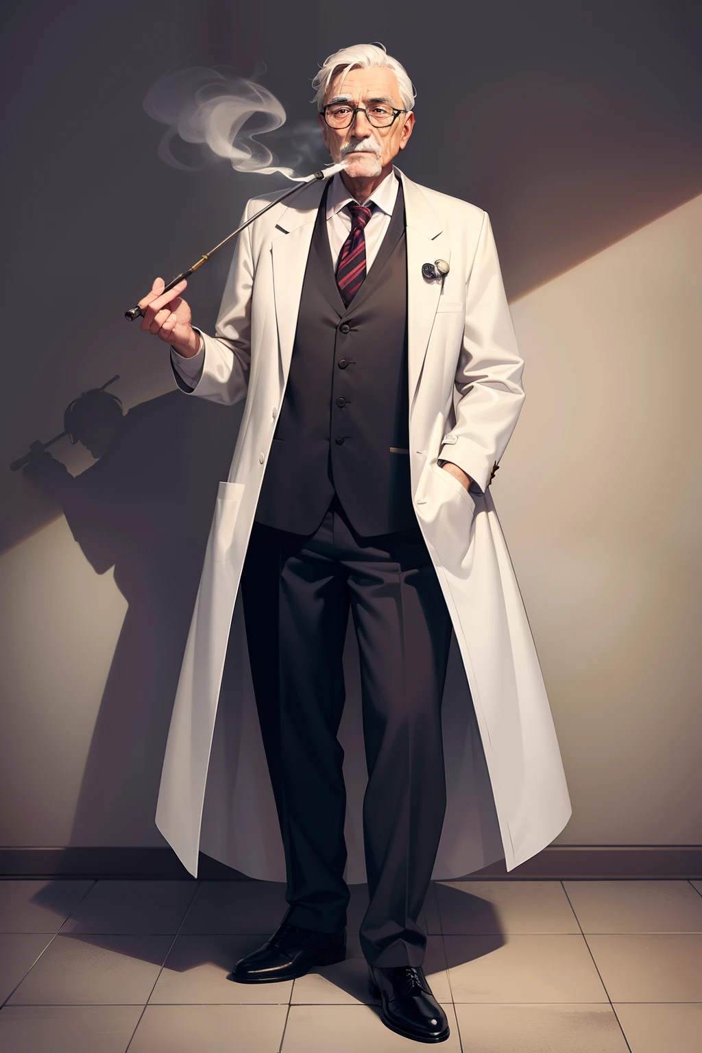 An elderly male doctor smokes a pipe,standing on your feet,full bodyesbian,Front lens