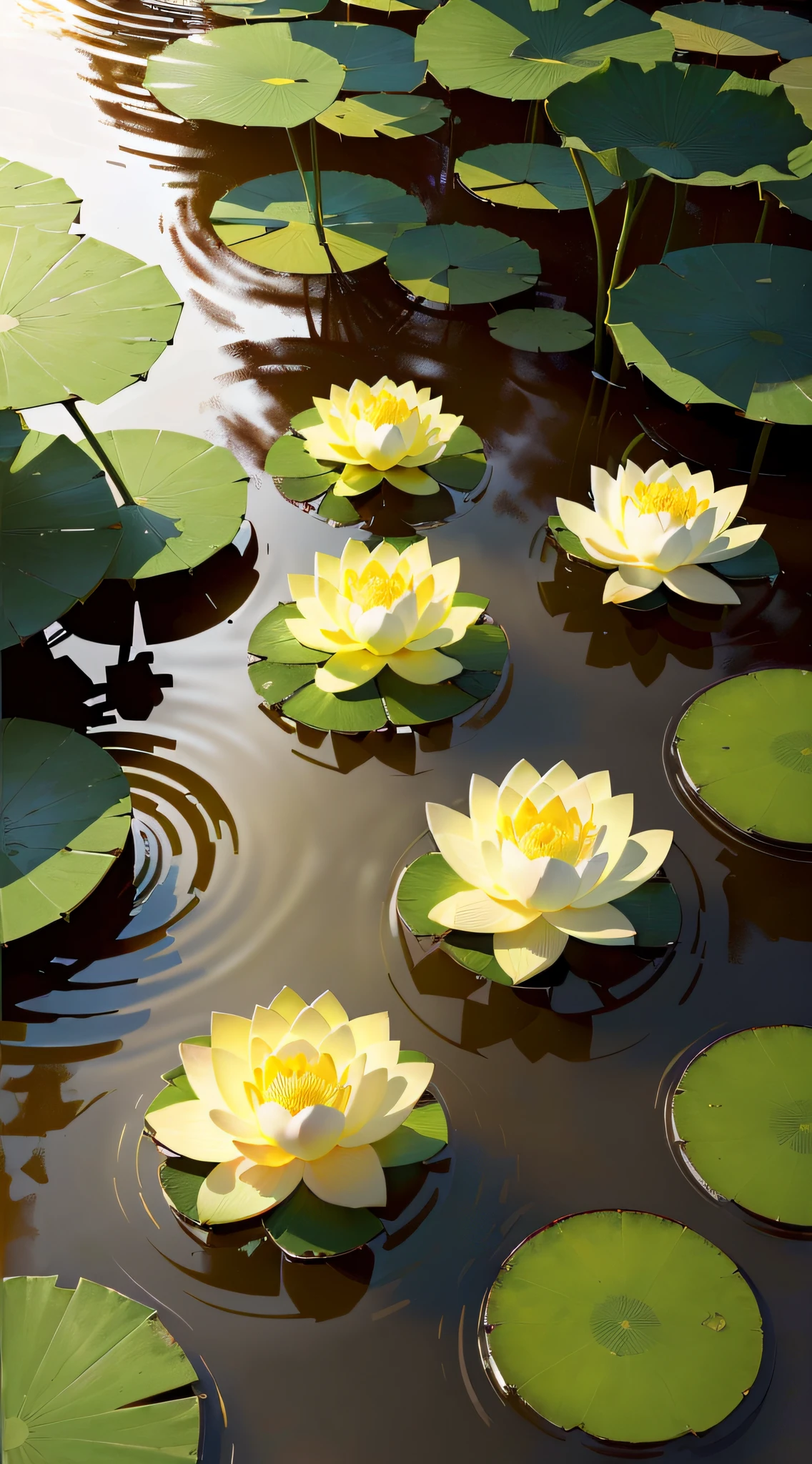Masterpiece, exquisite, beautiful scenery deep in the lotus pond, (colourful, vivid, sunny, cool light: 1.2) lotus leaves in the pond. high quality high quality