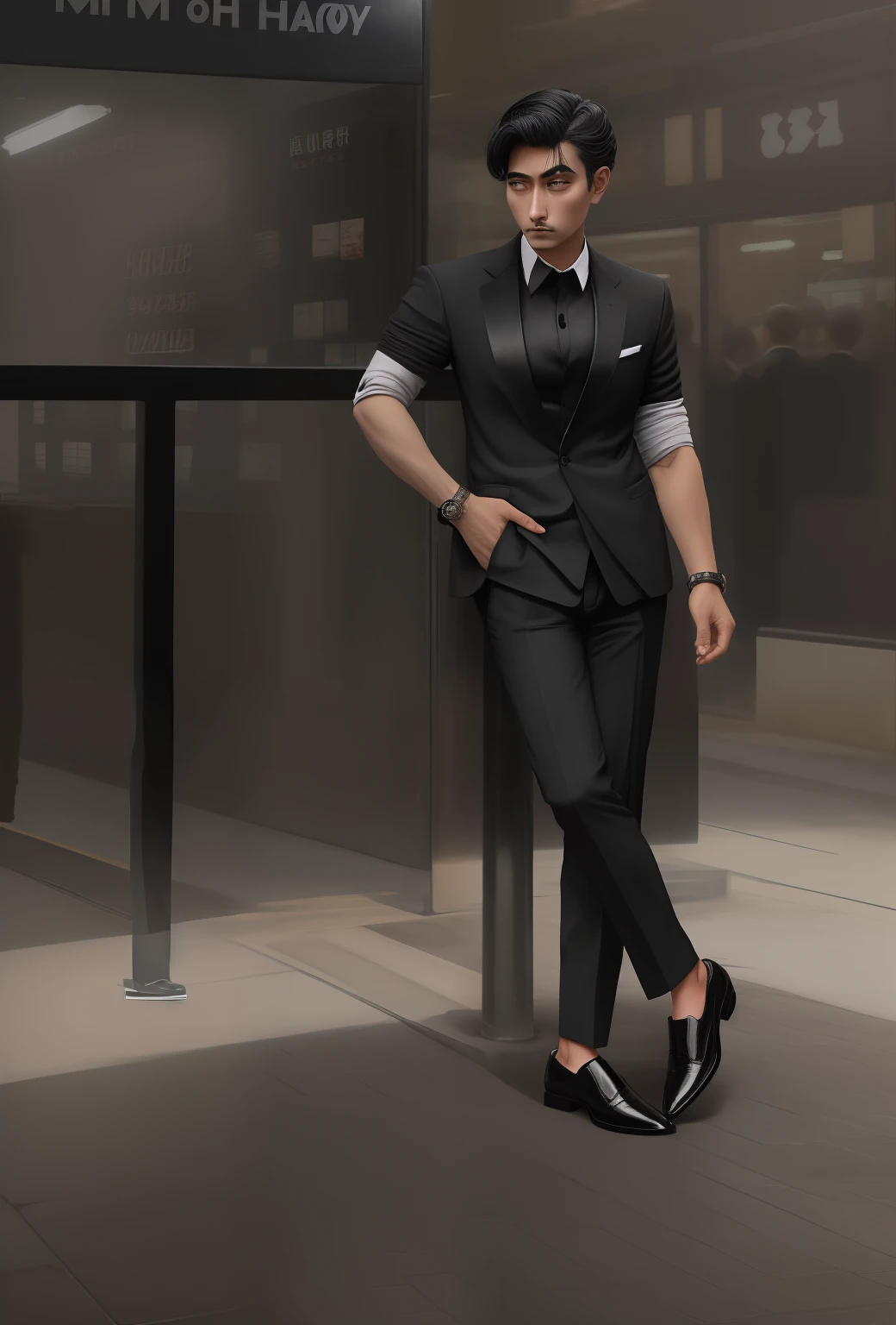 Wearing black blazer and trouser with black formal shoes standing at share market street no face change