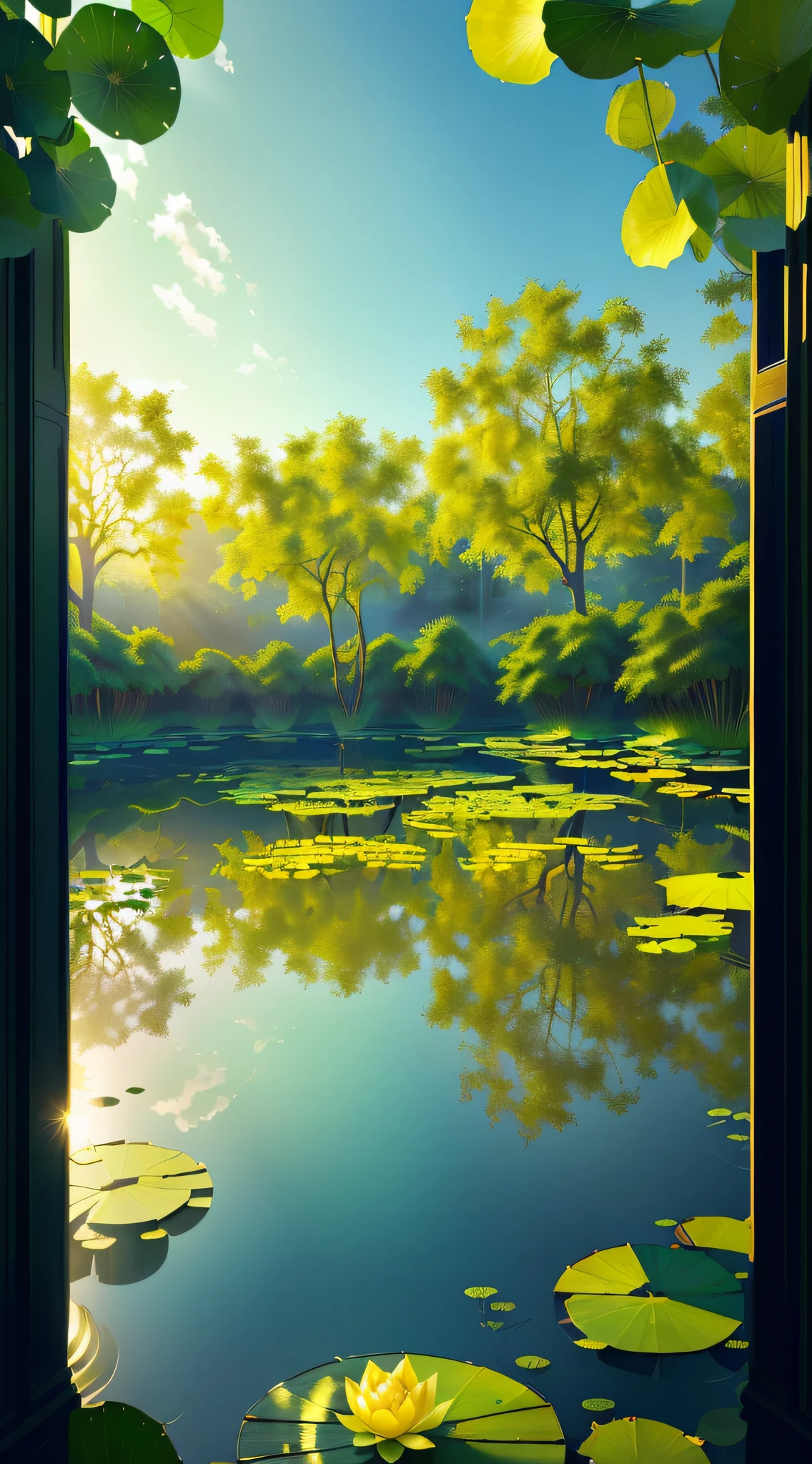 Masterpiece, exquisite, beautiful scenery deep in the lotus pond, (colourful, vivid, sunny, cool light: 1.2) lotus leaves in the pond. high quality high quality