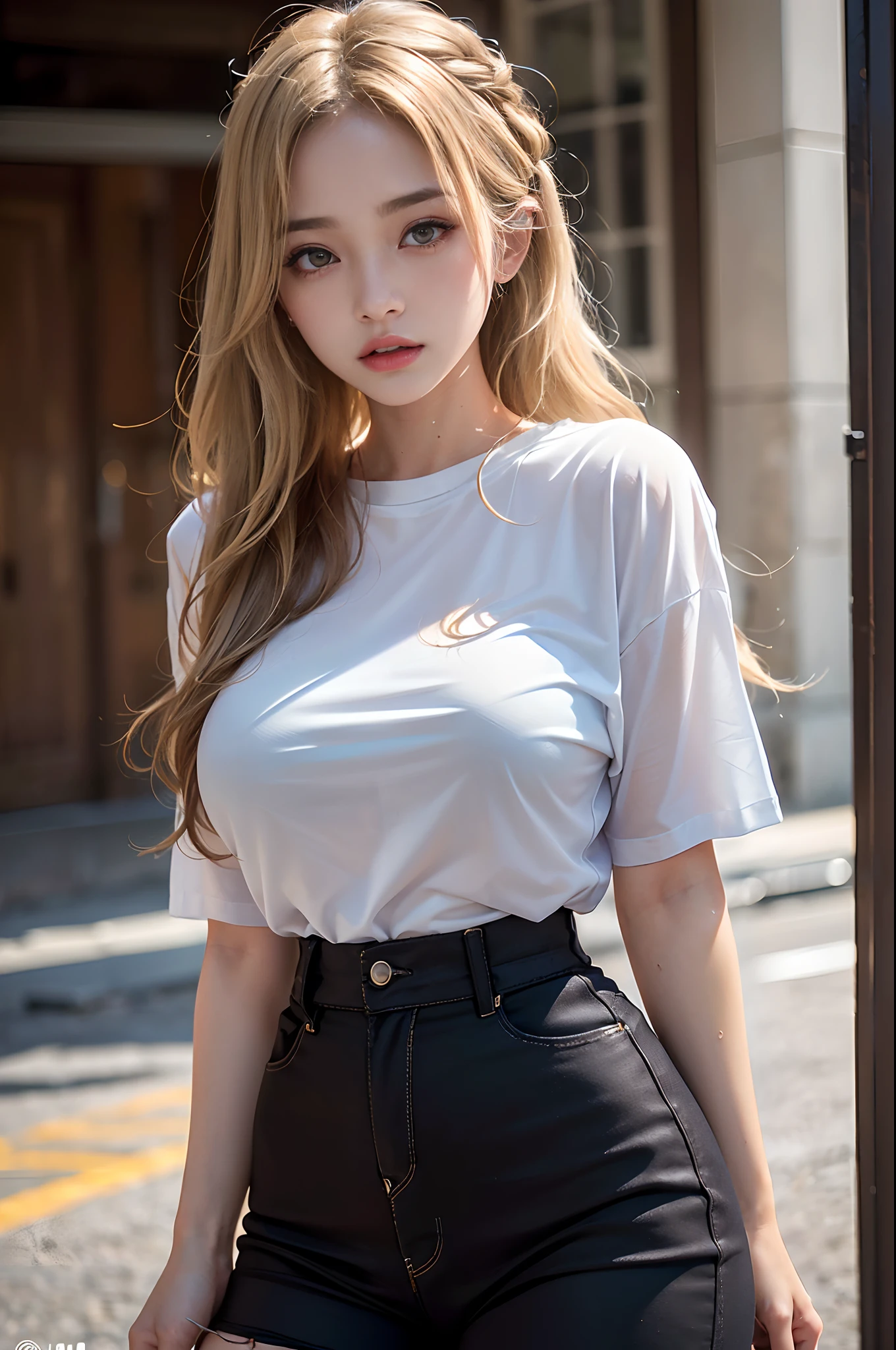 (1girl),large breasts, breasts, tan, dewy skin, sweaty skin, wavy blonde hair, nylon tshirt, punk girl, dark hair, transparent