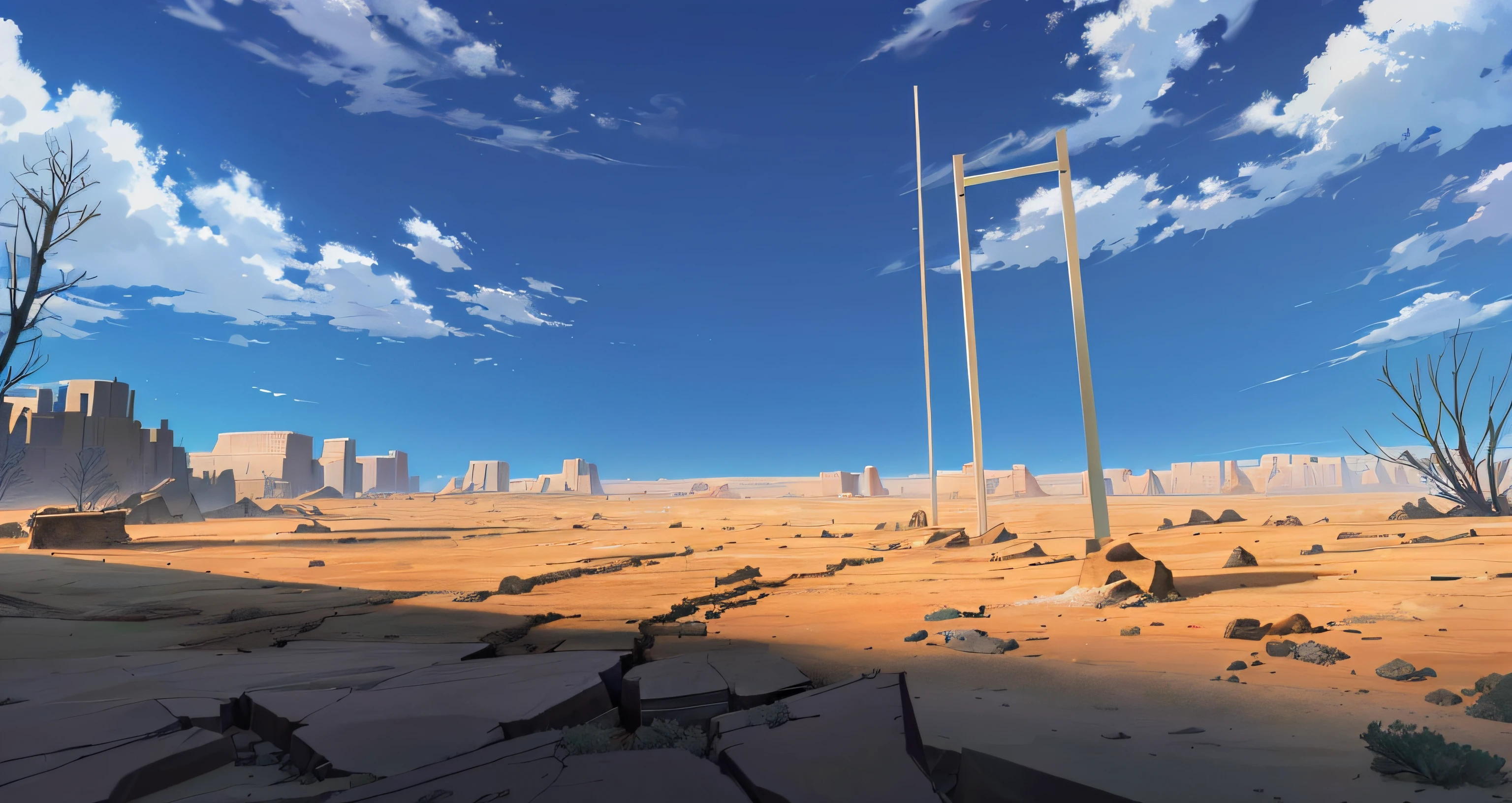 There is a picture of a desert with rocks, cracked ground，Rock piles，expansive view，in a desolate empty wasteland, overlooking a desolate wasteland, arena background, background environment. 8 k'', random background scene, Anime landscape, barren wasteland, game environment, distant background, Desolate empty wasteland, videogame background, Desert environment, Desolate wasteland, Anime background art, scenic dystopian environment，Ultra HD，Strong sunny atmosphere，There are two dead trees，Dead yellow grass
