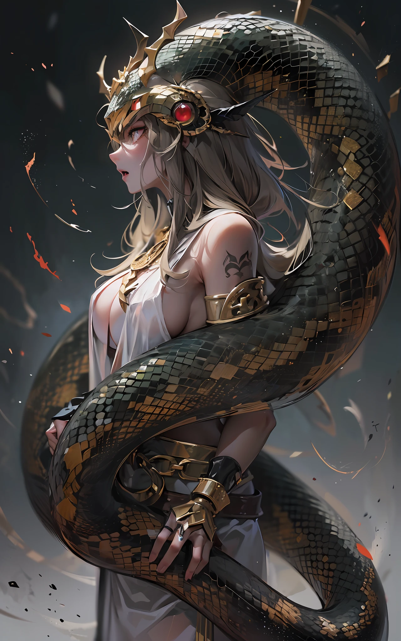 Jemongaard,(python),Giant monsters,Snakes that surround the world,Ogre,Ouroboros,Earth python,Strongest,Ragnarok,Snake God,Norse mythology,(Super giant),(Dark style,It gives a sense of oppression),(Ferocious,brutality),((((Gorgeous scales)))),Golden eyes,frenzied,Very ancient,Endless deep seabed,(Chained),Peerless beauty,(Clear eyes),(Bigboobs),Fang,((Fierce expression)),struggling,looks away,(Face lighting,There are no shadows on the face,Bright face),((tmasterpiece)),(Best quality at best),(ultra intricately detailed),(Highest definition),(8K),(Clean lines),(Perfect facial features,Perfect flesh)