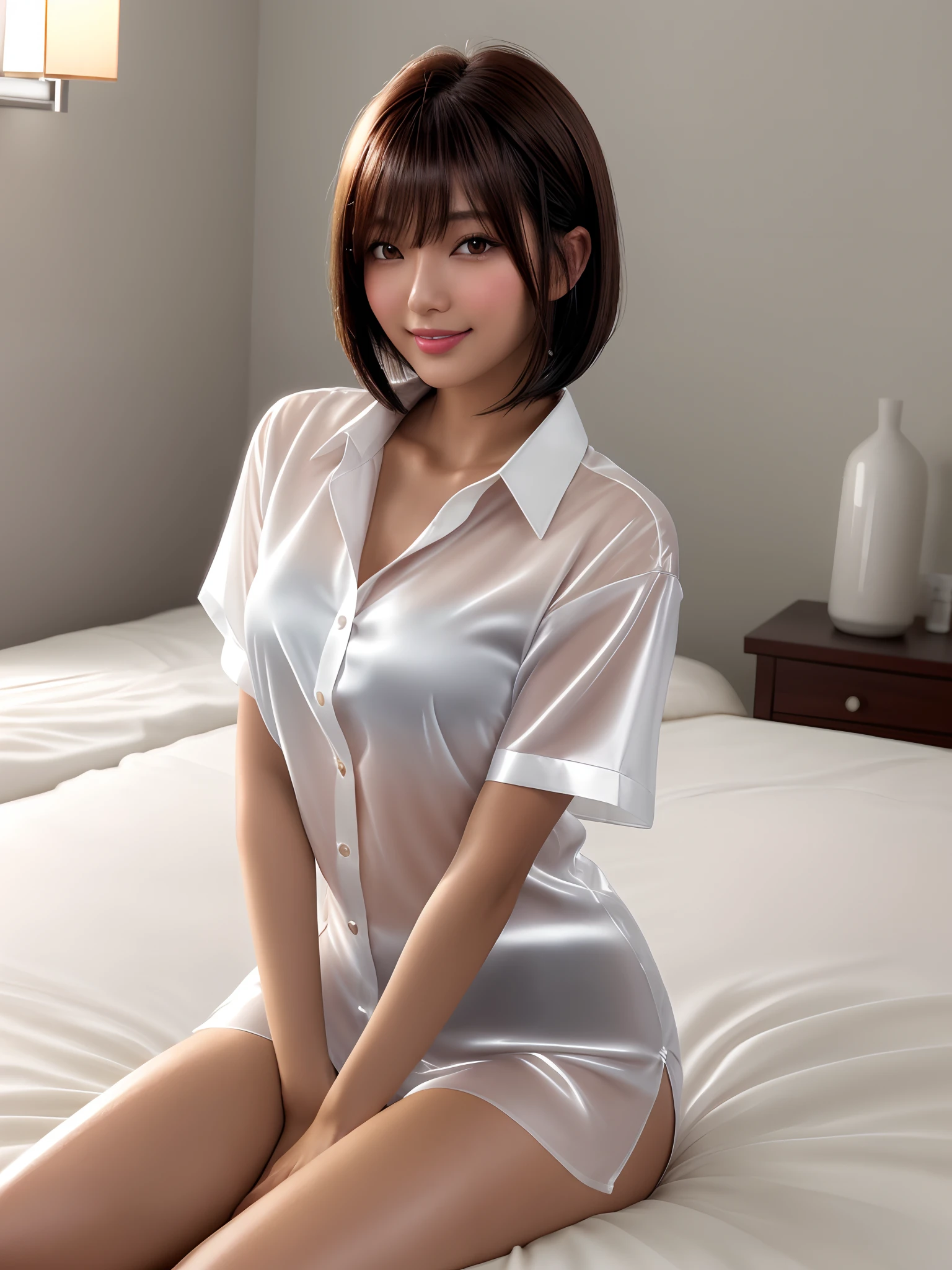 product quality, 1 girl, a cowboy shot, front view, a Japanese young pretty girl, bob hair, sitting on a silk bed in her room in the night, a wet body, a silk pillow, silk bed sheets, glamorous figure, wearing a unbuttoned long length and short sleeves silky white shirt with collared, a big smile, hyper cute face, glossy lips, double eyelids for both eyes, natural makeup, shiny smooth light brown bob hair, asymmetrical bangs, tanned skin, central image, high resolution, high detailing, detailed hairstyle, detailed face, cinematic lighting, octane rendering, vibrant, hyper realisitic, perfect limbs, perfect anatomy
