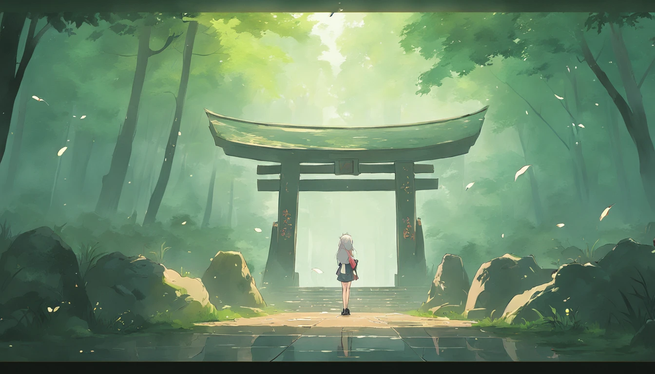 the lush vegetation,Heavy fog,Japanese torii,shrines,pool,deers