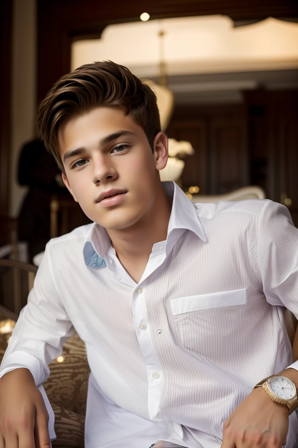 "Teenage boy with captivating looks sitting gracefully, dressed in exquisite elegance"