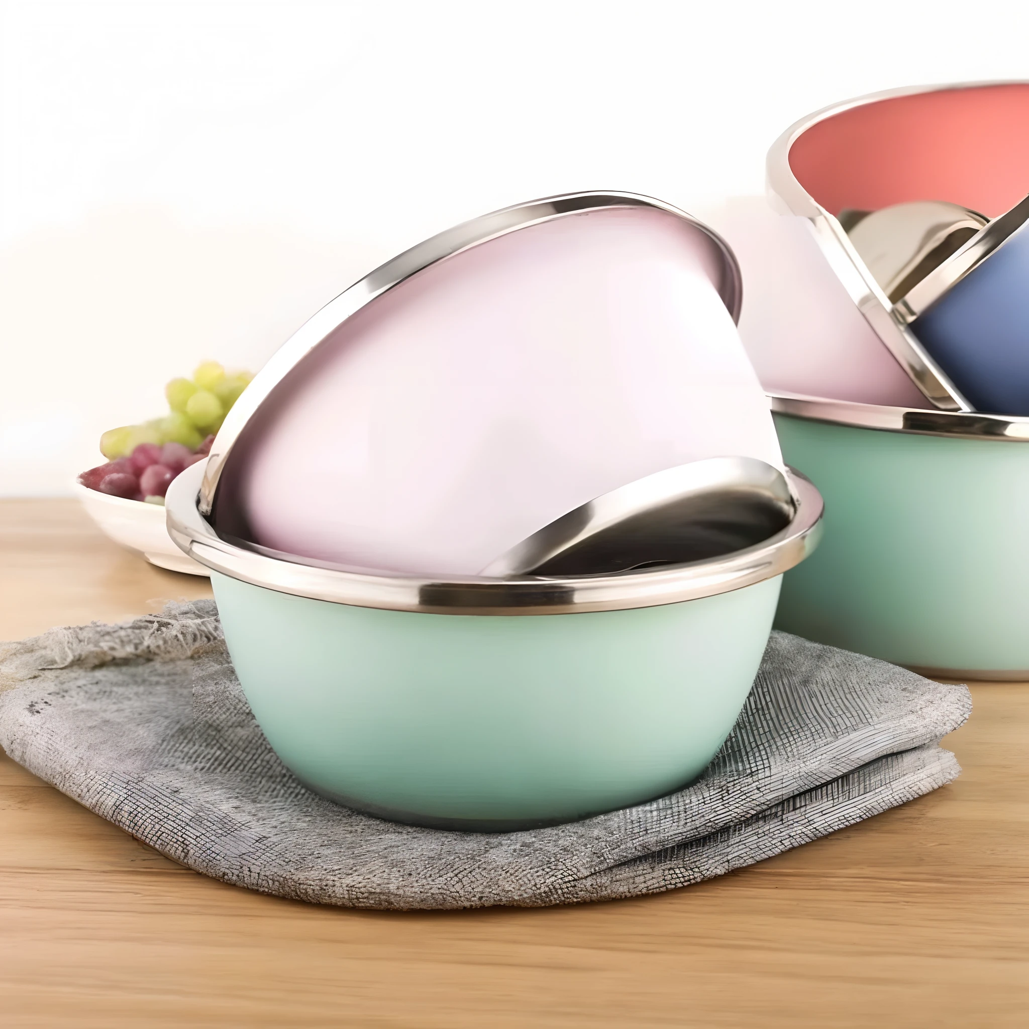 Three bowls with spoons and one bowl with lid are placed on the table, bowl, pastel colored, colourful pastel, colorful pastel, pastel colours overlap, pastel glaze, lovely pastel colors, Very nice pastel colors, bright pastel color, delicacy, Pastel color, rich pastel colors, A variety of pastel colors, 4 0 9 6, modern pastel colours, lots of pastel colour, pastel'