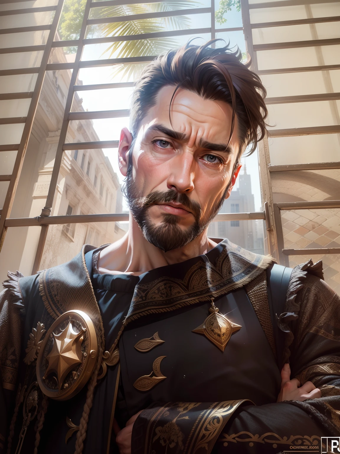 Mature male, little bearded, half-breasted, frowning,4k, high-res, masterpiece, best quality, sharp focus, (cinematic lighting), collarbone, [:(detailed face:1.2):0.2]
