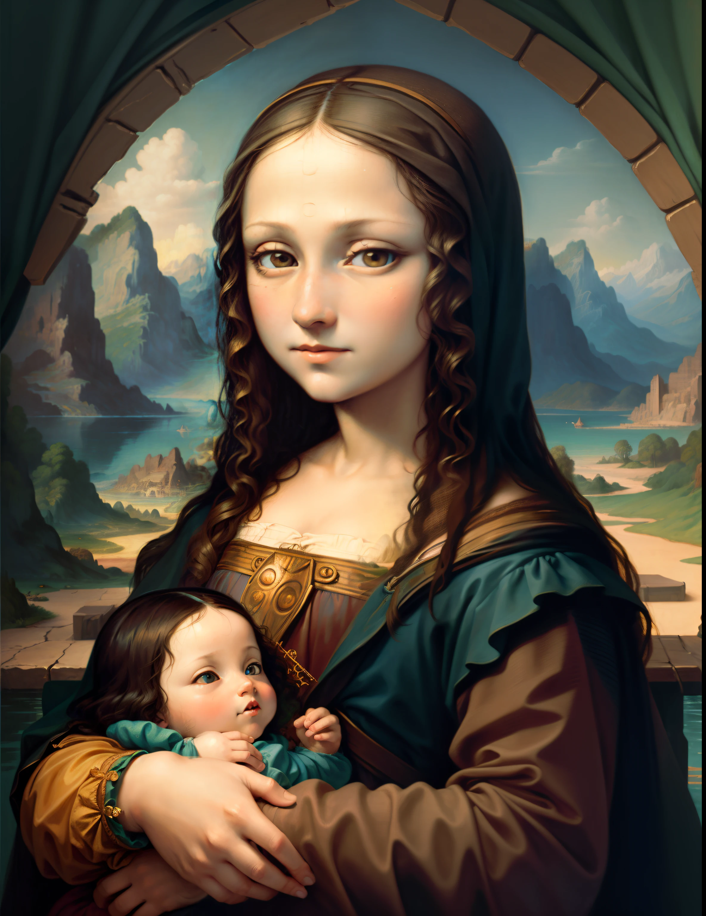 Mona Lisa carefully holding a baby Leonardo da Vinci bright clean restored color palate, photo realism, 24k resolution, hyper detail art style on Leonardo Da Vinci