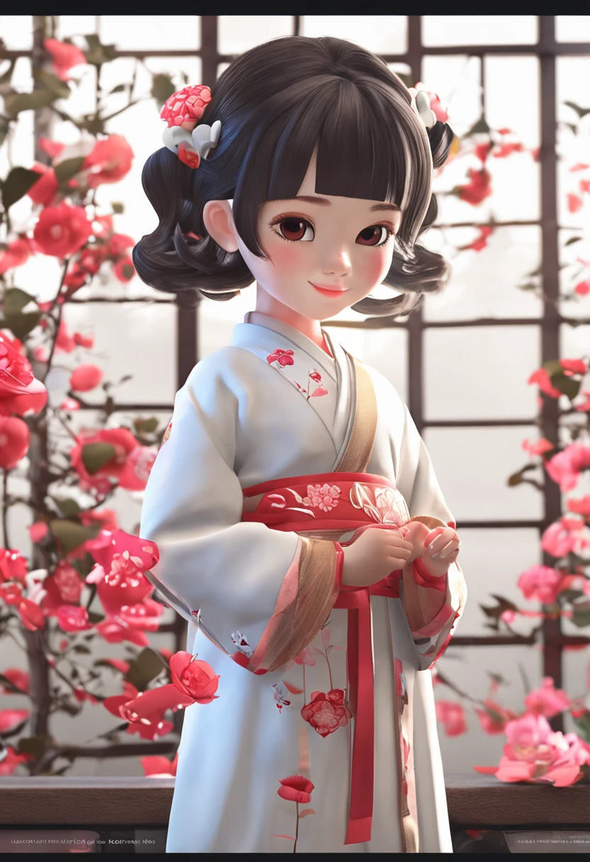 cinematic angle,( cute female ,anatomically correct,full body,Masterpiece camellia,Masterpiece Hanfu,smile),(illustration,paper art,a 3D render)