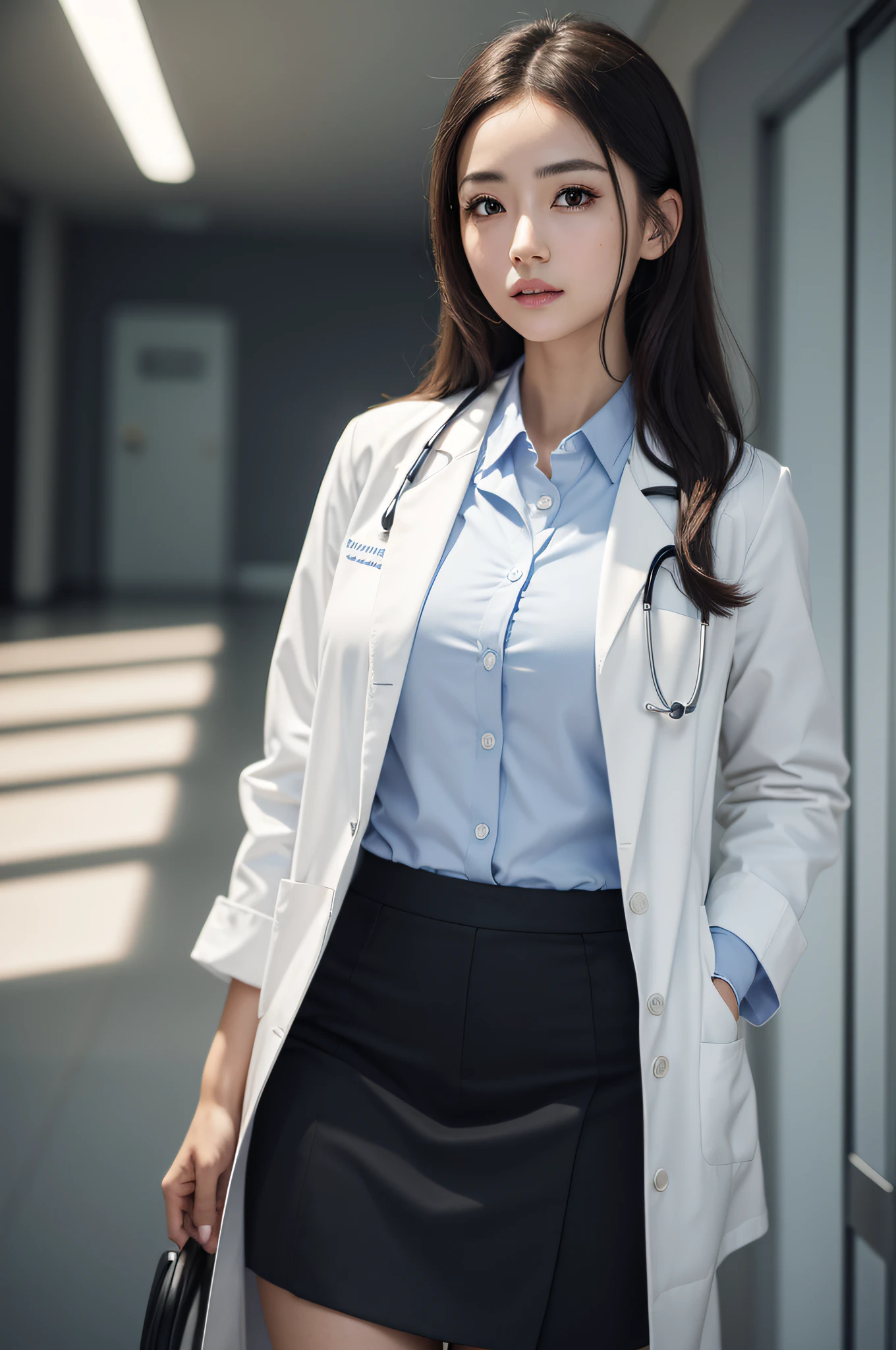 Realistic beauty doctor、Amazingly beautiful、doctor white coat, collared shirt、(top quality、8k、32k、​Masterpiece、north african trade zone:1.3)、ultra high resolution,(Realism:1.4),original photography, Detailed face,,beautiful hair, ((Doctor style)), , Black tight skirt、 natural makeup,, Full, large breasts、inside the hospital, Detailed background, perfect lighting, depth of field, beautiful shadow gradient,stethoscope ,