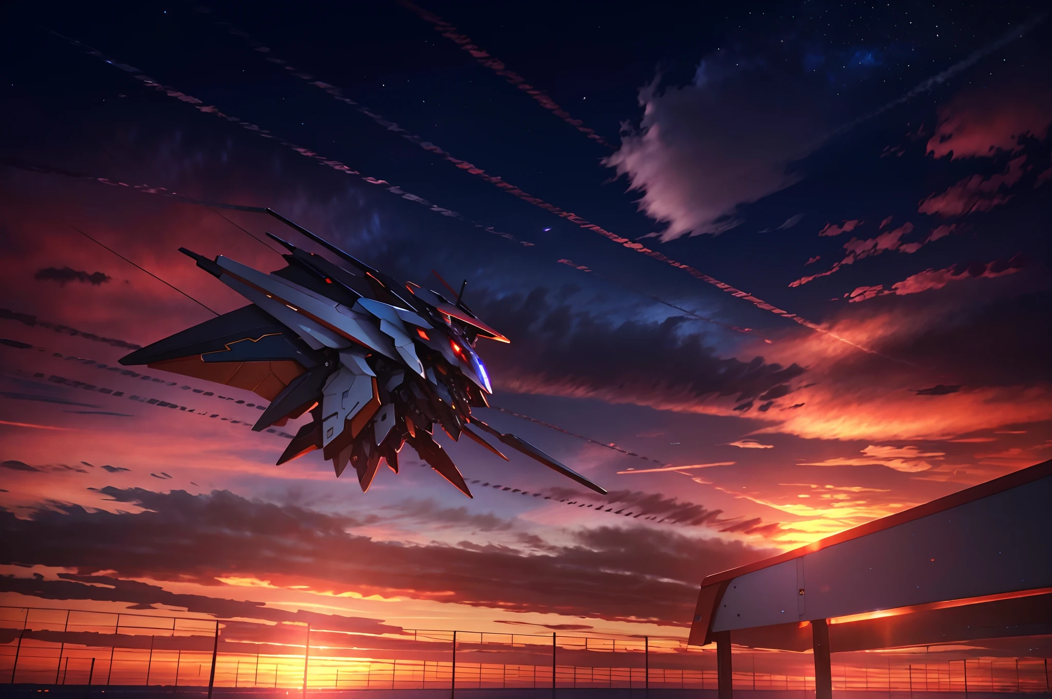 The Gundam robot GN-001Gundam Exia flies slowly in the twilight。(Sunset clouds|dark stormy clouds)Dramatic sunset in the background。(darkly|The cloudy)Sunset prime time。
