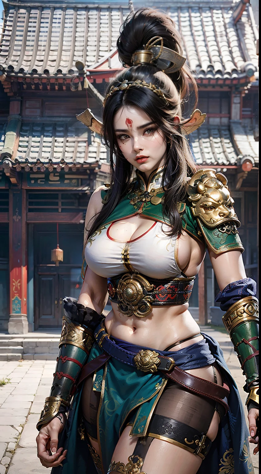 Ancient Chinese architecture，Female warriors in national style，Wear revealing armor，Simple clothing， Minimalist style，Mixed Chinese and American races，The background is blurred out，focal，Cowboy shot，电影灯光，(((tmasterpiece))), ((best qualtiy)), ((Complex and detailed)), ((ultra-realistic realism)), Ridiculous resolution, A MILF, Mature woman, ssee-through, highly  detailed, illustratio, 1girll, (mediuml breasts), Thin waist and thick hips，long leges，beatiful detailed eyes, short detailed hair, brunette color hair, a purple eye, blackstockings，lacy clothing，with faintly visible，Cool armor，The body proportions are perfect，（No underwear：1.2），detailed back ground, perfect  eyes, Seductive eye, （nice hand），Detail hands，looking at viewert，From the front，Wear light，juicy legs，deep v big breasts，Tattooed with