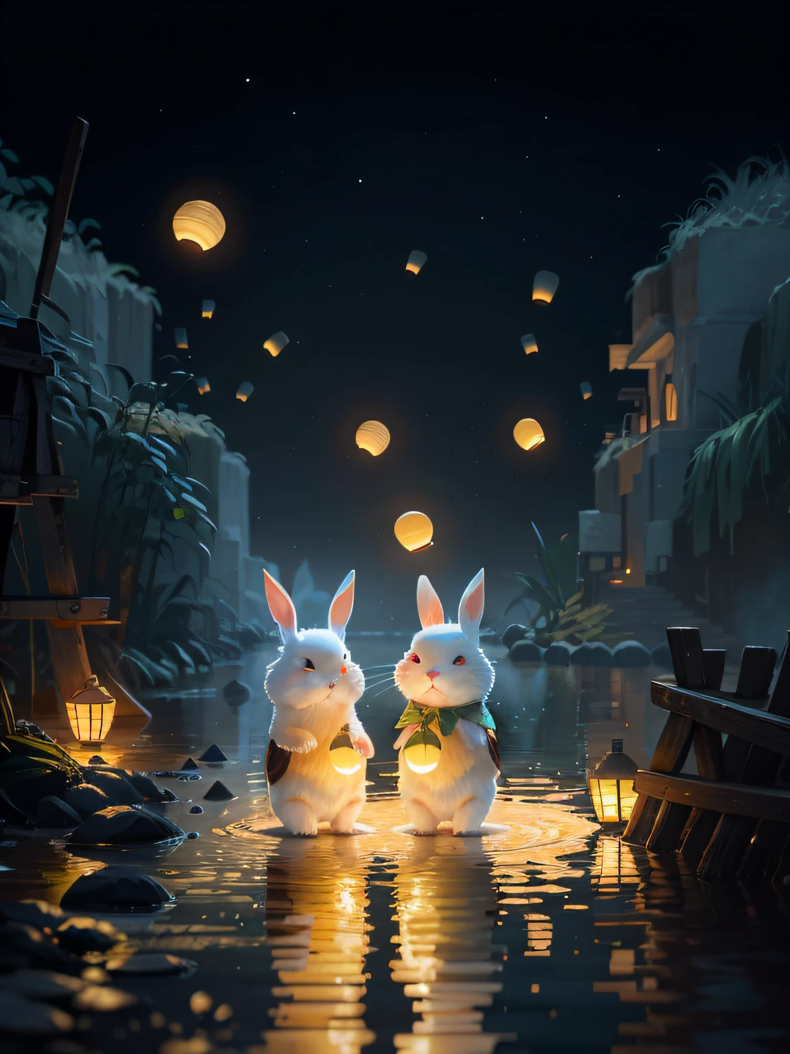 There were two rabbits standing in the water, ,The moon shines in the night sky,Many Kong Ming lanterns in the sky,Cute detailed digital art, adorable digital art, lovely digital painting, cute 3 d render, A beautiful artwork illustration, atey ghailan 8 k, 4k highly detailed digital art, 4 k hd wallpaper illustration, 4 k hd illustrative wallpaper, cute artwork, Beautiful digital artwork, 8K high quality detailed art