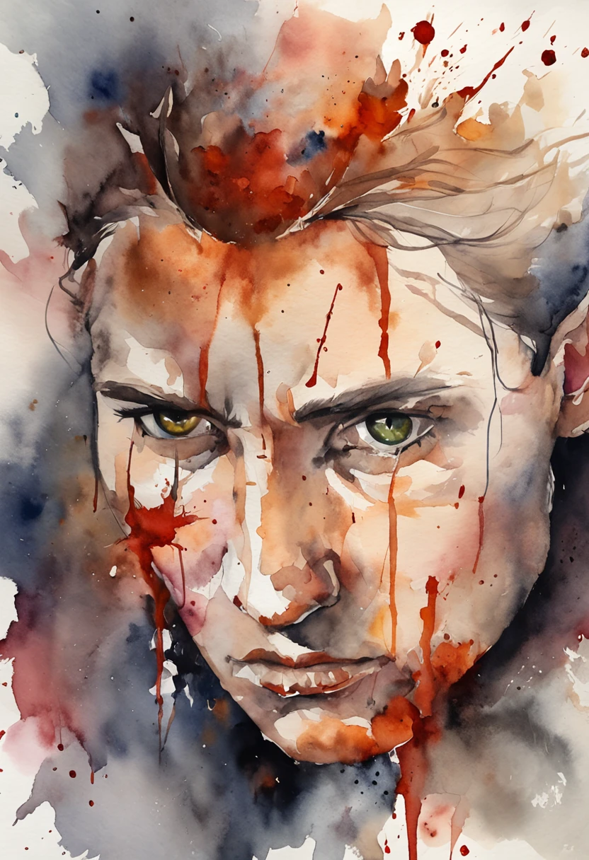 Beautiful vampire, Bared fangs, Bloody river as background, Watercolor style smearing, art, Dramatic lighting, David Lynch's image style, abstract expressionism, Metaphysical, expressionistic, Golden ratio,details aesthetics octane rendering excellent composition natural texture 8k oil pain masterpiece Canon EOS R4s 50