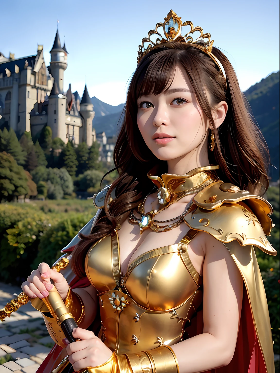 (masutepiece), Professional , masterpiece、top-quality、photos realistic , depth of fields (Gemstone Silver Metal Body:1.9),(Matte yellow、Jewel Gold Weapon、(Gorgeous castle background)、(Jewel Metal Body:1.4),Gorgeous Jewel Metal Weapons , Detailed Sword of the Brave ,( Soldier background in metal armor) ,warhammer 40k , adepta sororitas,Detail and ornate jewel crown、独奏、Brown hair、(Gangle's forest background)、Beautiful Caucasian beauty、1a person、dynamic ungle,(((Diamond tiara with detail and luxury)))、a small face、A smile、Powerful poses、(Gorgeous castle background)、huge filesize、20 year old beautiful woman、Stand in the center of the screen、Thin female fingers、Straight long hair、Beautiful Caucasian beauty、