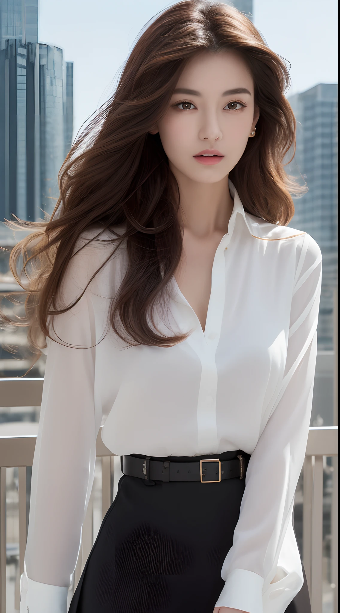 (Best quality, High resolution, Masterpiece :1.3), A tall and pretty woman, Slender abs, Dark brown hair styled in loose waves, Breasts, Wearing pendant, White button up shirt, Belt, Black skirt, (Modern architecture in background), Details exquisitely rendered in the face and skin texture, Detailed eyes, Double eyelid