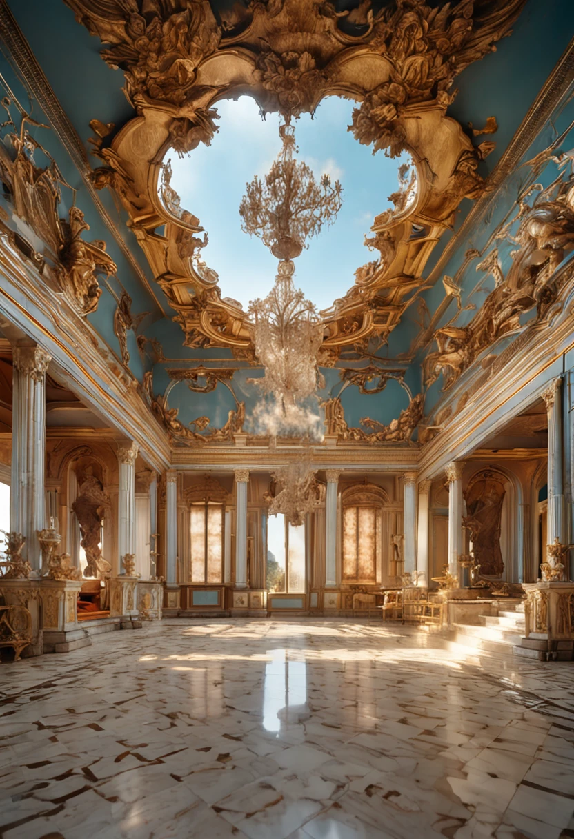 Rococo Palace，interiors，Huge oil painting adorns the top，Marble statues decorate the walls，luxury goods，High- sharpness，and the sun was shining brightly，be full of details