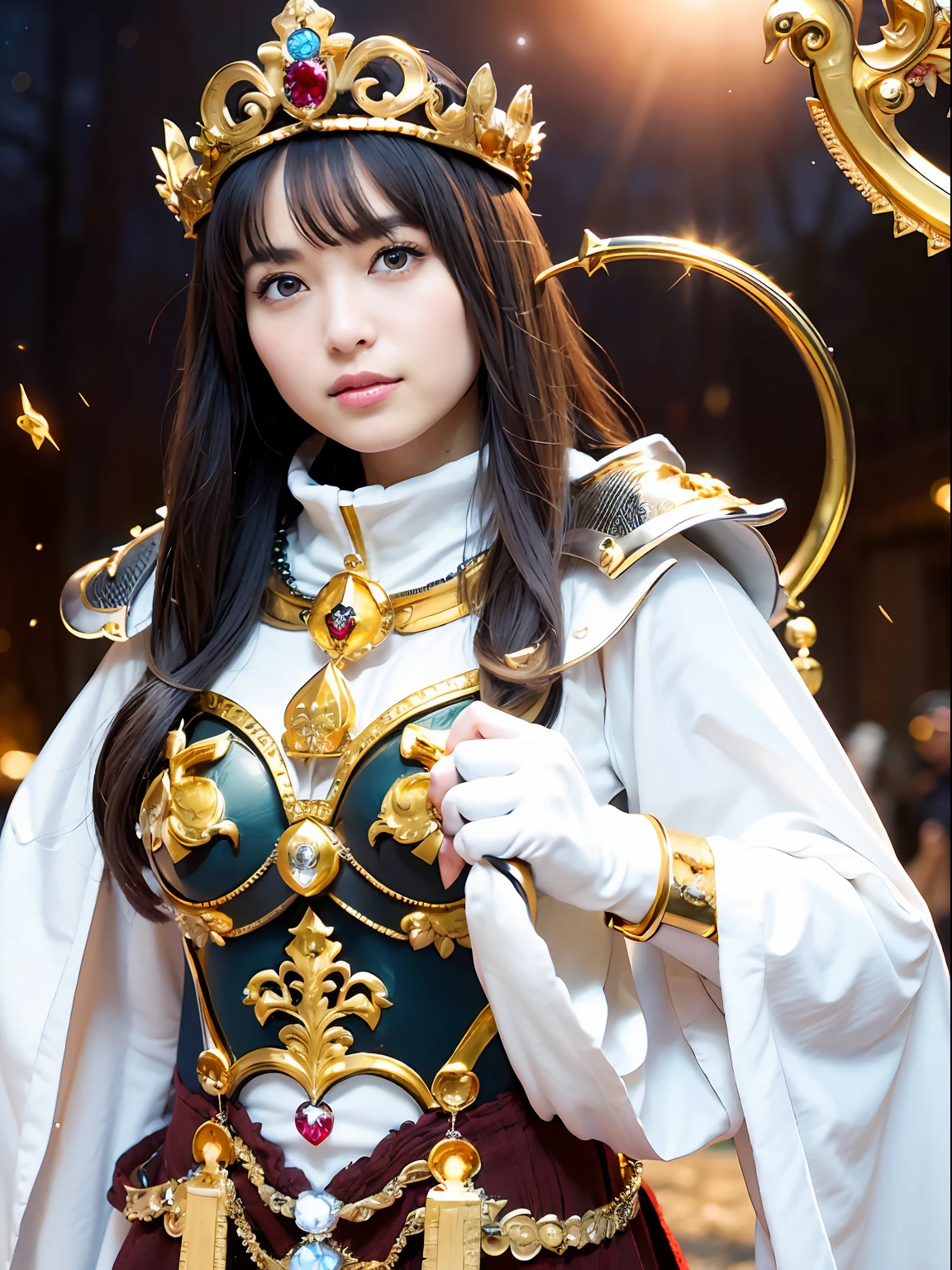 (masutepiece), Professional , ​masterpiece、top-quality、photos realistic , depth of fields （Gemstone Silver Metal Body:1.９),(Matte White、Jewel Gold Weapon（Jewel Metal Body:1.４),Gorgeous metal weapons ,（Swarm of goblins）、 Detailed Sword of the Brave , Beautiful knife   ,warhammer 40k , adepta sororitas,Detail and ornate jewel crown、Black hair、Gangle's forest background、Beautiful Caucasian beauty、１a person、dynamic ungle,(((Detailed and ornate diamond crown)))、Smaller head、A smile、Take a sexy pose、Thin and beautiful female hands、cyanide light particles、Mystical expression、