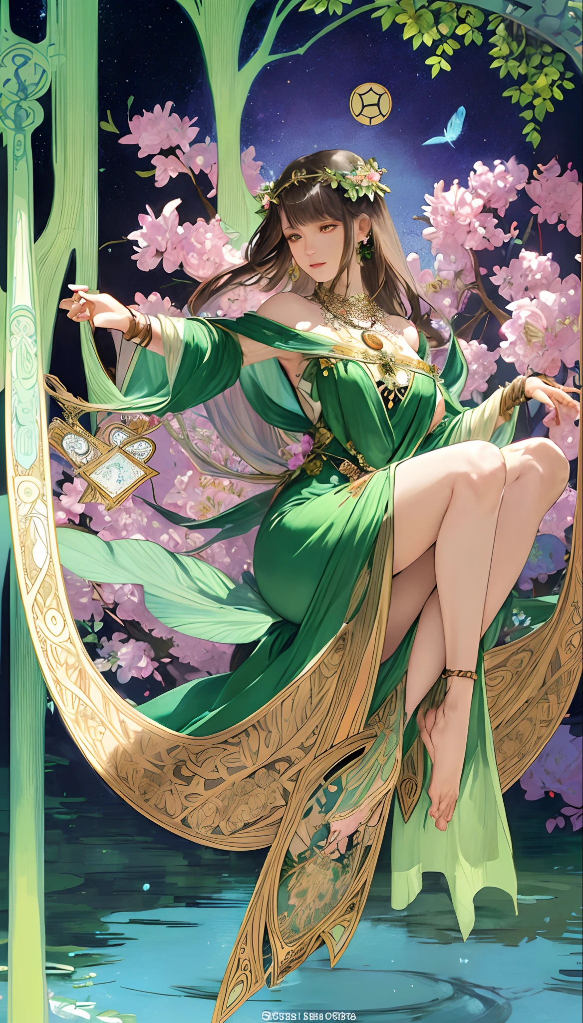 masterpiece, best quality, Alphonse Mucha, art nouveau,
(tarot card style:1.3), unique tarot card framework incorporating floral and greenery elements,
blunt bangs, black straight long hair, looking at viewer,
Amidst a verdant garden, a mystical maiden in a blossoming gown dances with ethereal creatures, bathed in sunlight that illuminates flourishing flora and ancient tarot symbols,
roses, lilies, cherry blossoms, irises, foliage, moss, and vines, elegant dresses inspired by nature, accessories including flower and leaf-designed necklaces, earrings, rings, bracelets, hair ornaments, butterflies, birds, bees, tarot symbols reimagined with floral and greenery designs, goddesses, natural backgrounds like gardens, forests, lakesides, effective use of light and shadow,
realistic, hyper realistic lifelike 3d, zentangle,