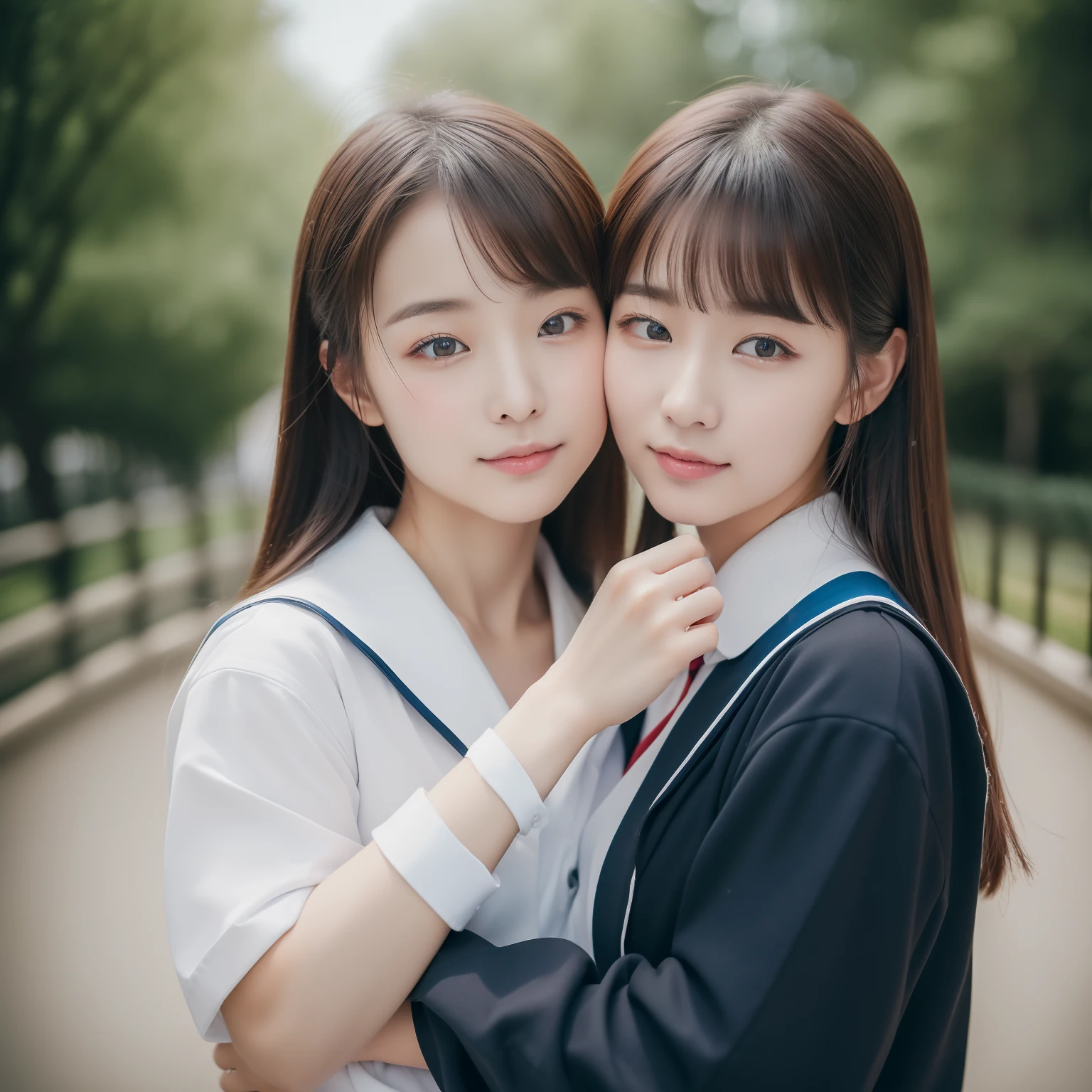 、((top-quality、8K、​masterpiece:1.3))、Raw photography、From woman to woman、embracing each other、hposing Gravure Idol、((top-quality、8K、​masterpiece:1.3))、Raw photography、JK school uniform