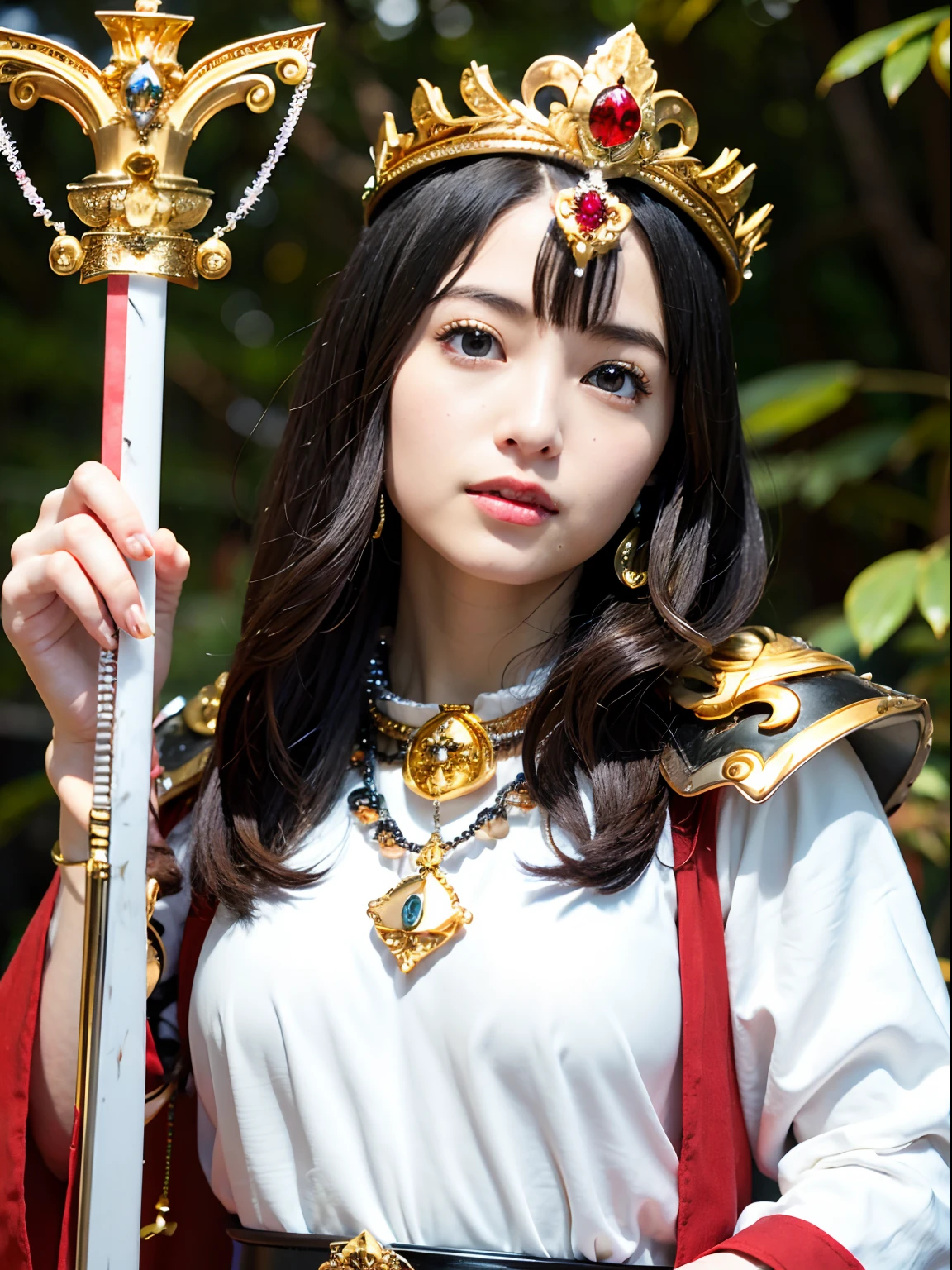 (masutepiece), Professional , masterpiece、top-quality、photos realistic , depth of fields (Gemstone Silver Metal Body:1.9),(Matte White、Jewel Gold Weapon(Jewel Metal Body:1.4),Gorgeous metal weapons ,(Swarm of goblins)、 Detailed Sword of the Brave , Beautiful knife ,warhammer 40k , adepta sororitas,Detail and ornate jewel crown、Black hair、Gangle's forest background、Beautiful Caucasian beauty、1a person、dynamic ungle,(((Detailed and ornate diamond crown)))、Smaller head、A smile、Take a sexy pose、Thin and beautiful female hands、cyanide light particles、Mystical expression、