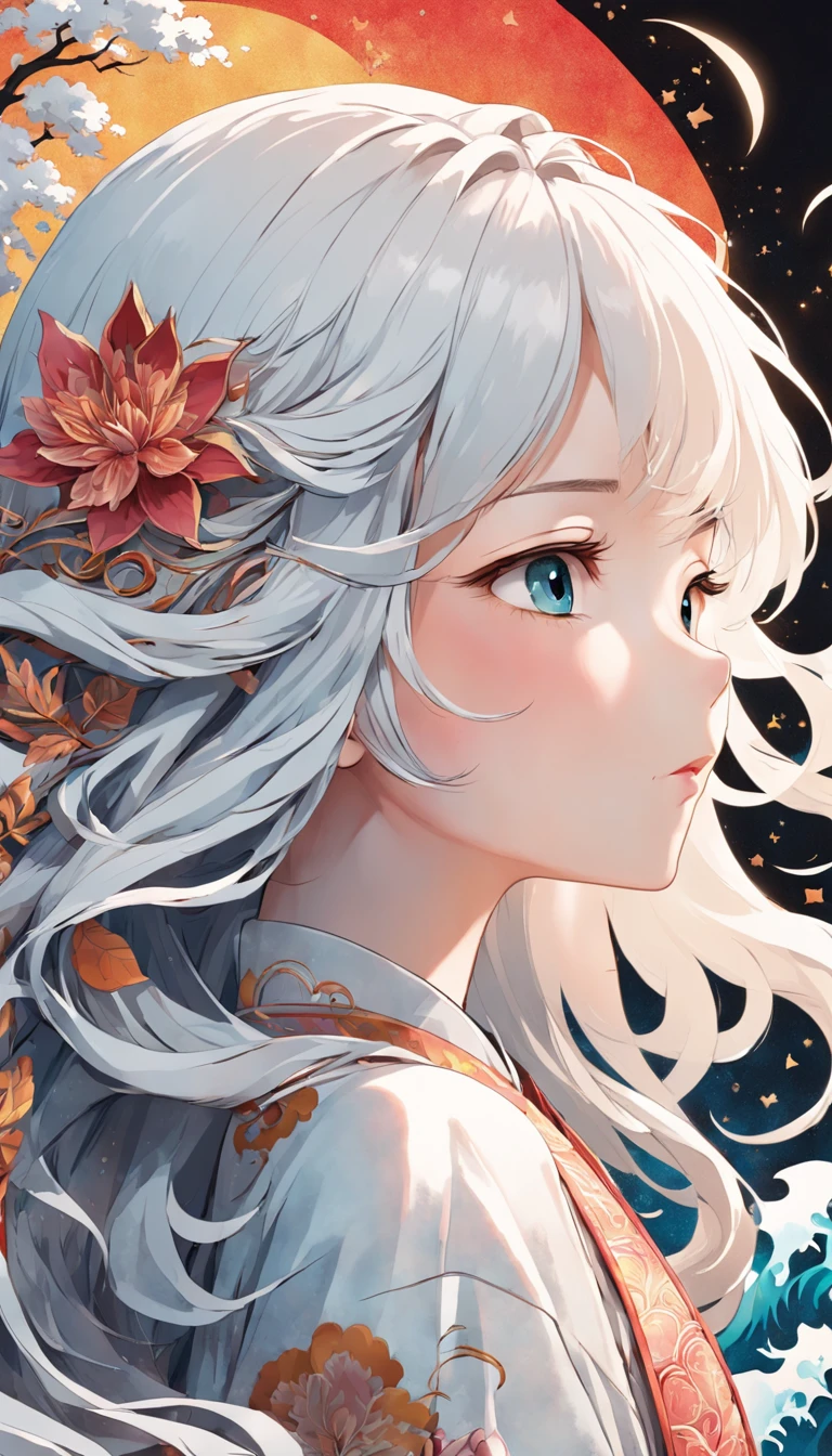 (White background:1.4),(Silhouette of a girl's head, Eyes closed, colorfull long hair, Oriental elements),(Chinese illustration:1.3,paper art:1.3, Quilted paper art:1.2),( reasonable design, Clear lines, High sharpness,Best quality, Very detailed, Masterpiece, movie light effect, 4K )