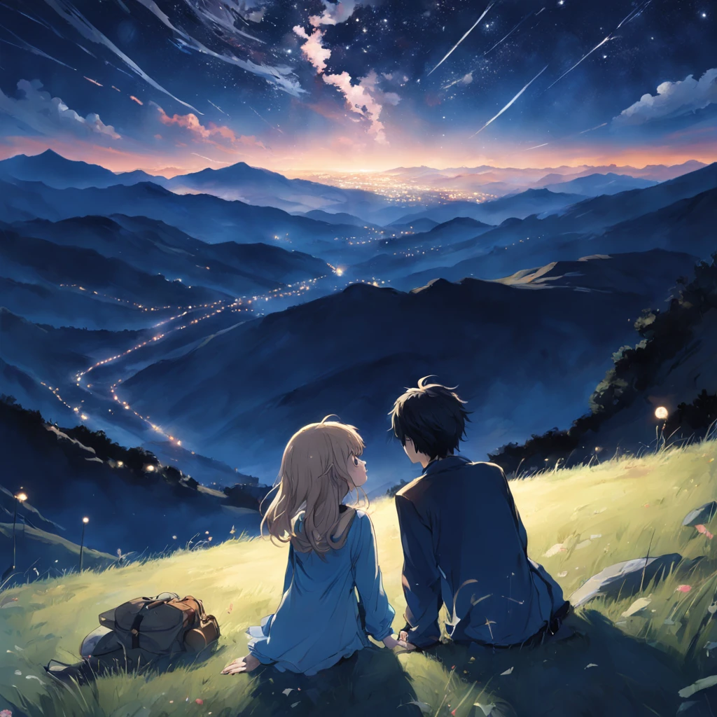 On the slope of the field on the mountain, She and he lay face down、Looking up at the night sky、She tilted her face towards me and looked at me.、she is blushing、Holding the hand of his right hand and her left hand、The viewpoint is looking up at the night sky from between the heads of two people、Flow of shooting stars、There is no light source other than the night sky、It may be cold on the mountain, So they can see their white breath turn into mist.、masterpiece、realisitic