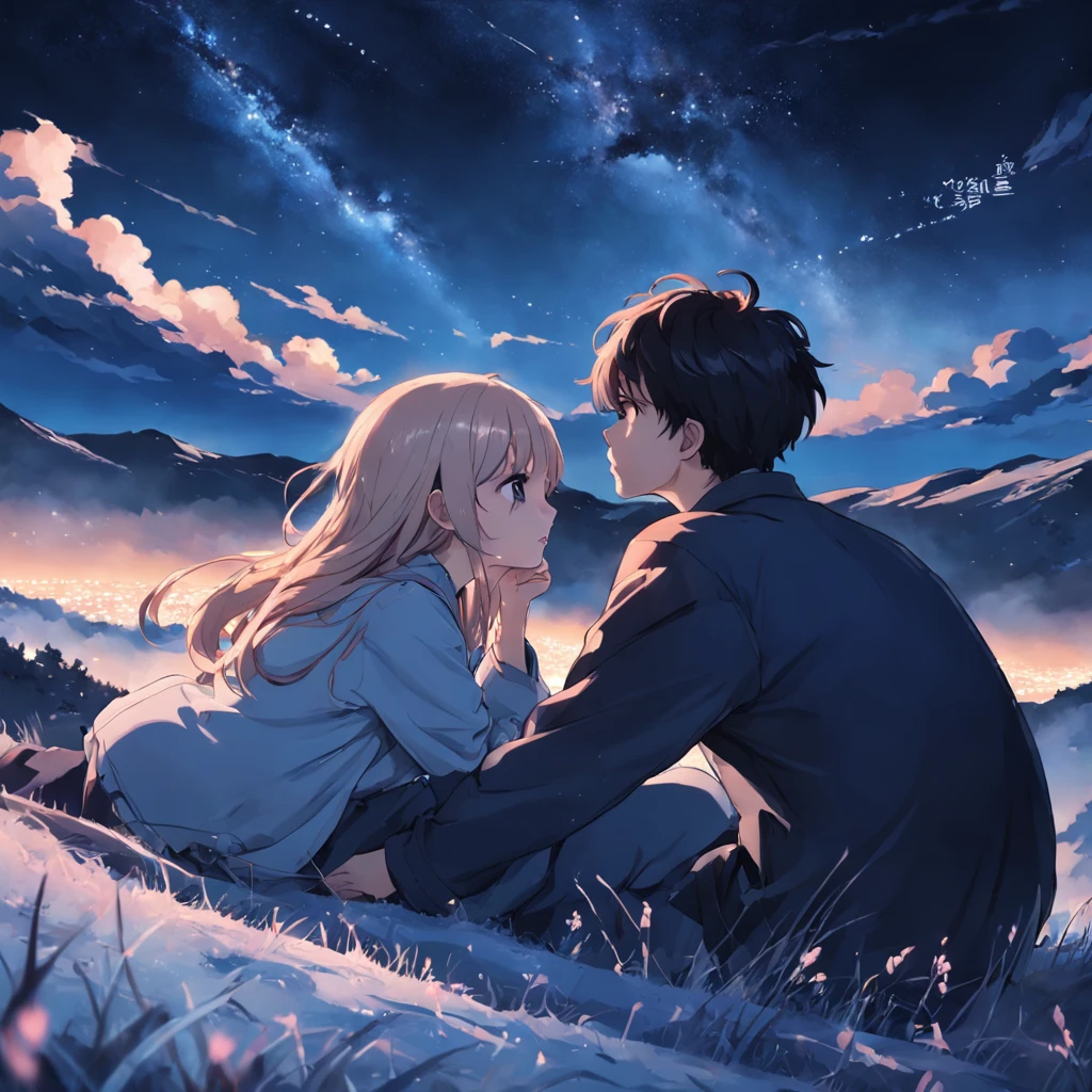 On the slope of the field on the mountain, She and he lay face down、Looking up at the night sky、She tilted her face towards me and looked at me.、she is blushing、Holding the hand of his right hand and her left hand、The viewpoint is looking up at the night sky from between the heads of two people、Flow of shooting stars、There is no light source other than the night sky、It may be cold on the mountain, So they can see their white breath turn into mist.、masterpiece、realisitic