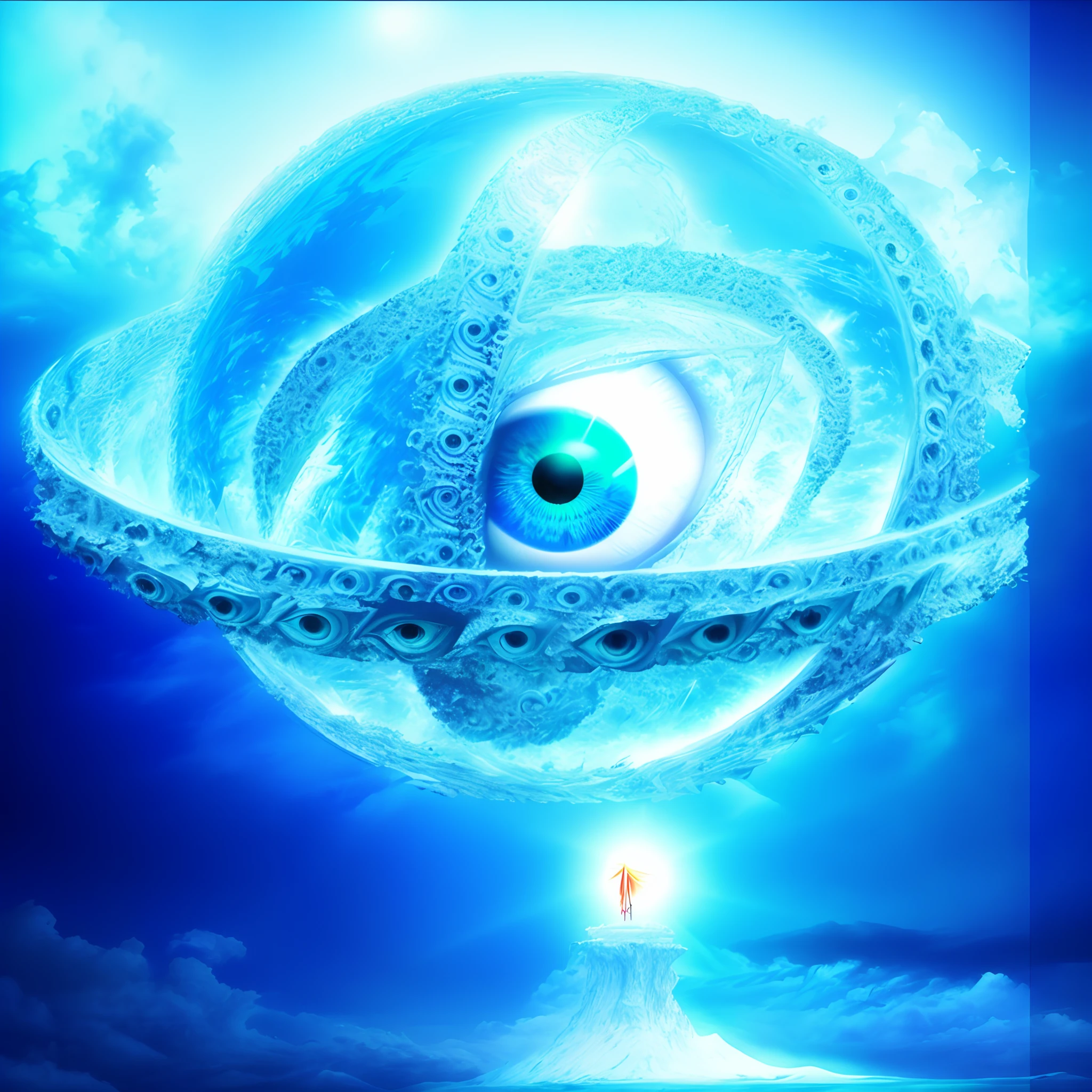 There is an image of a person standing in the snow, o olho de deus Rah, 3rd eye, third - eye visions, digital visionary art, mystic eye, o olho de deus, mystical third eye, visuais de outro mundo, canalizando a energia do terceiro olho, visionary art, terceiro olho, arte surreal, all - seeing eye, Vision of the eyes of the gods