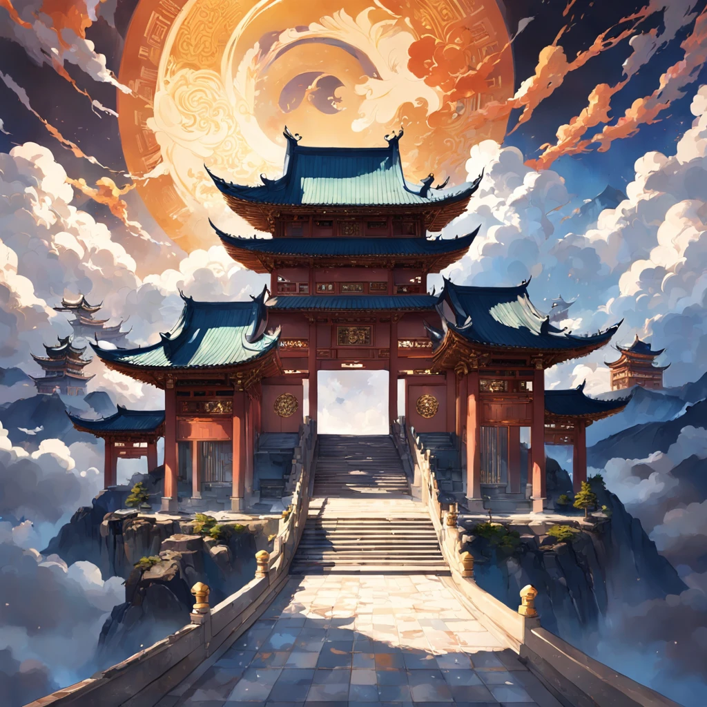 A painting of a pagoda with a sky background and a sun in the ...