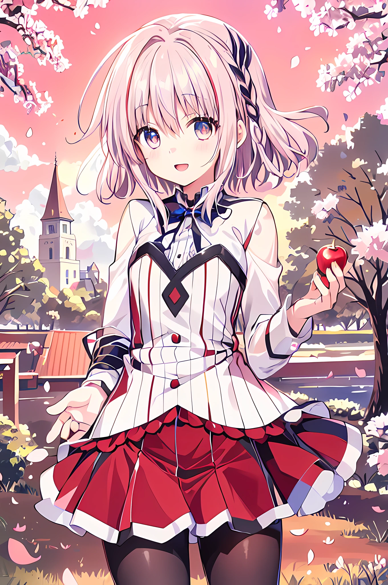 Anime girl in school uniform holding apple in park, high detailed official artwork, Official artwork, loli in dress, Splash art anime Loli, anime visual of a cute girl, nyaruko-san, Loli, small loli girl, Smooth anime CG art, small curvaceous loli, Best anime 4k konachan wallpaper